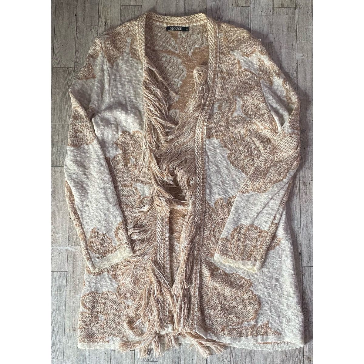 NIC+ZOE NICE + ZOE, Beige/Cream, Floral/Fringed, Open Knit Cardigan Size L / US 10 / IT 46 - 12 Thumbnail