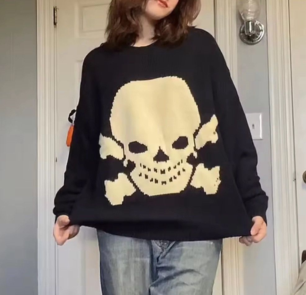 Japanese Brand Skull & Crossbones Knit Sweater - Oversized Black & Beige Size US L / EU 52-54 / 3 - 3 Thumbnail