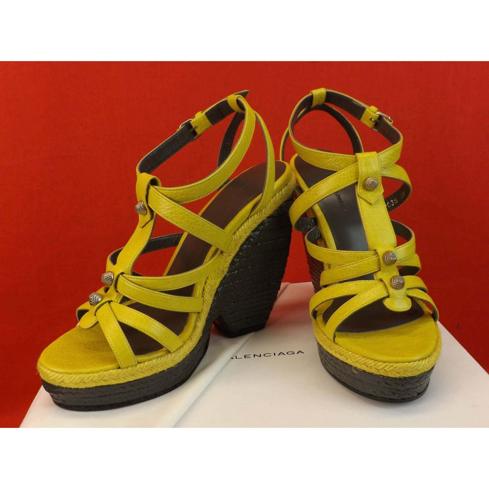 Balenciaga ARENA MUSTARD YELLOW LEATHER WEDGE STUDDED SANDALS 40 