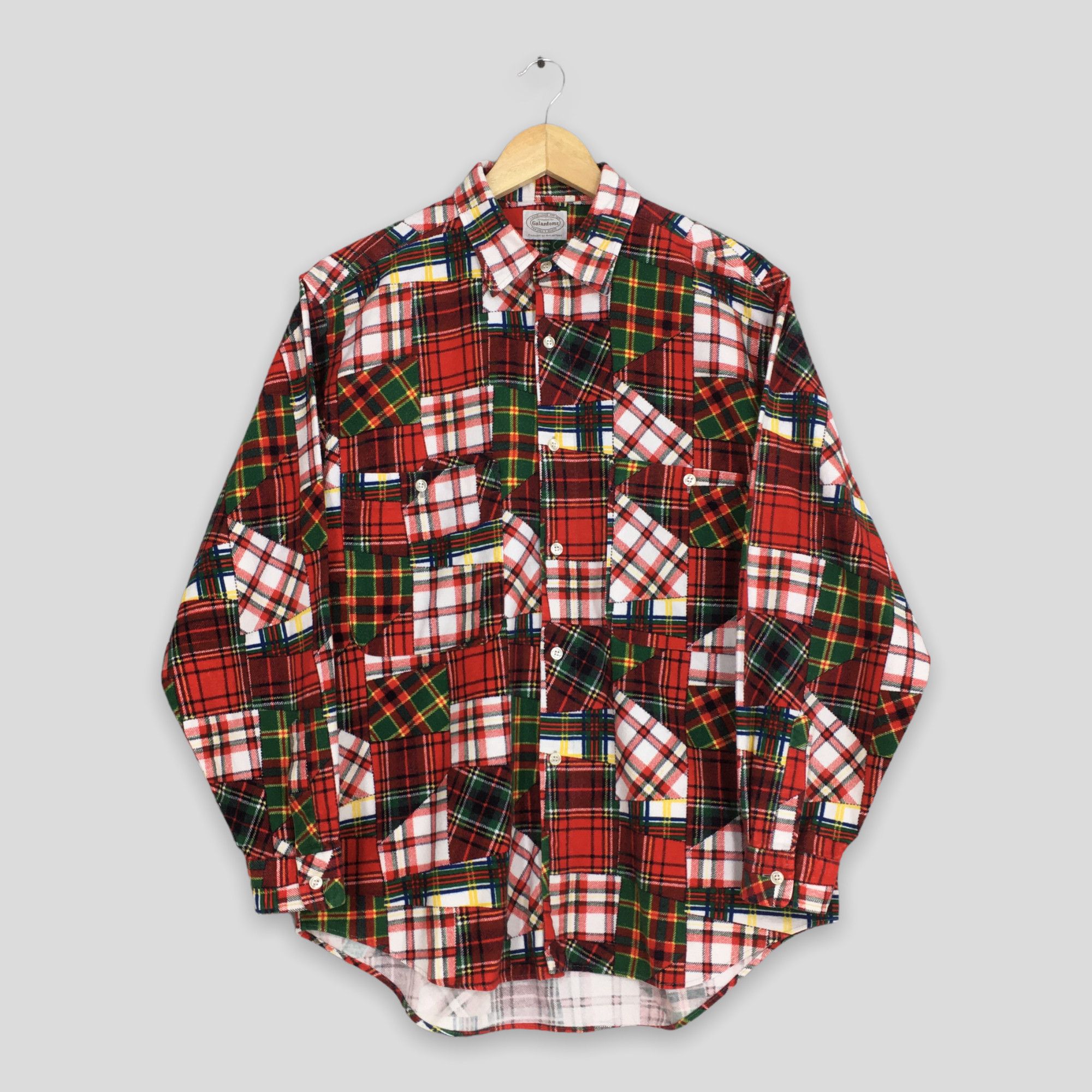 image of Patchwork Checkered Tartan Flannel Shirt Medium, Men's
