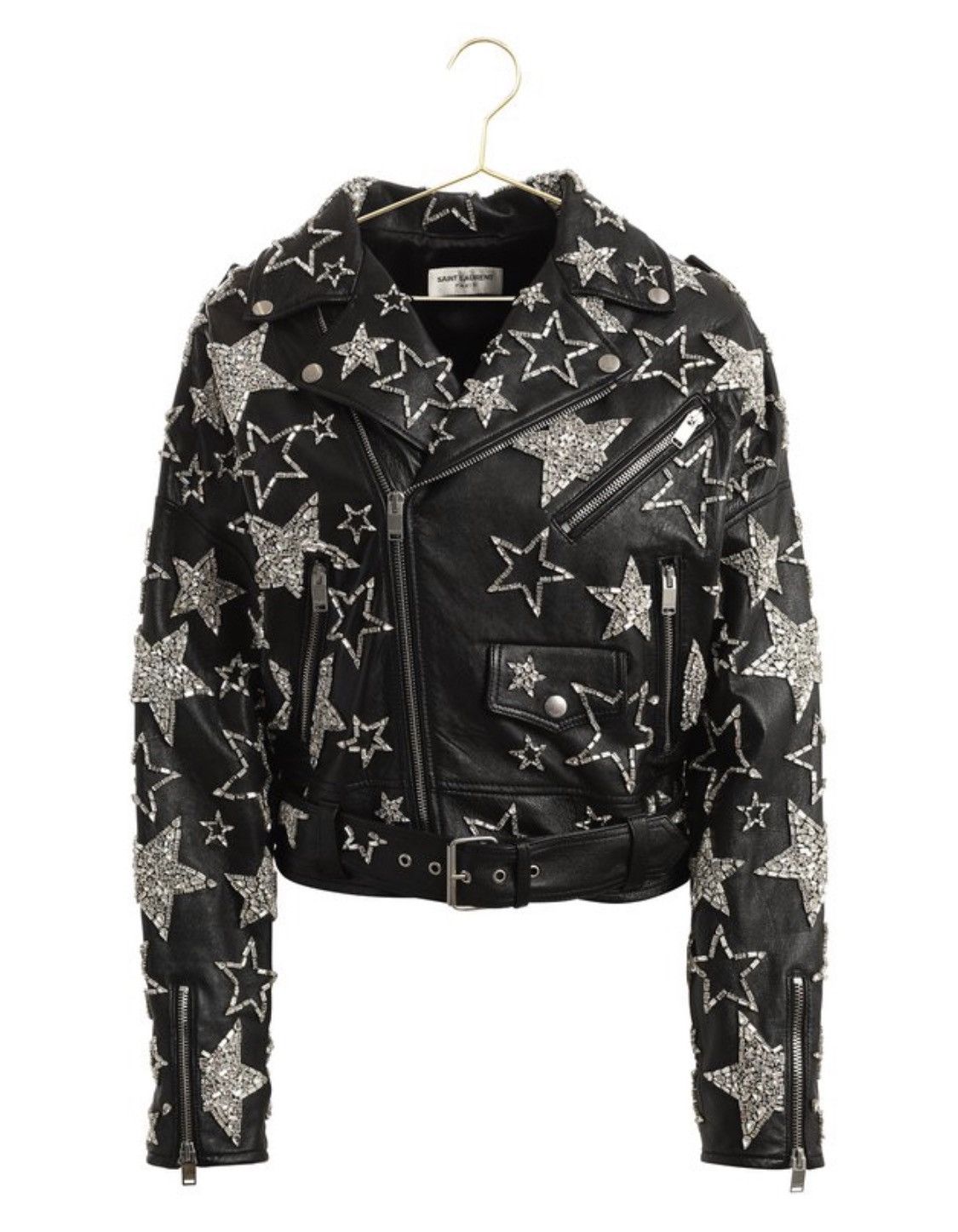 image of Saint Laurent Paris Leather Biker Crystal Detail Star Jacket in Black, Men's (Size Small)