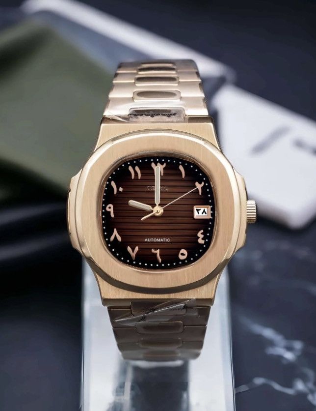 Japanese Brand Seiko Mod Nautilus Brown Arabic Dial Rosegold Watch 41mm Size ONE SIZE - 1 Thumbnail