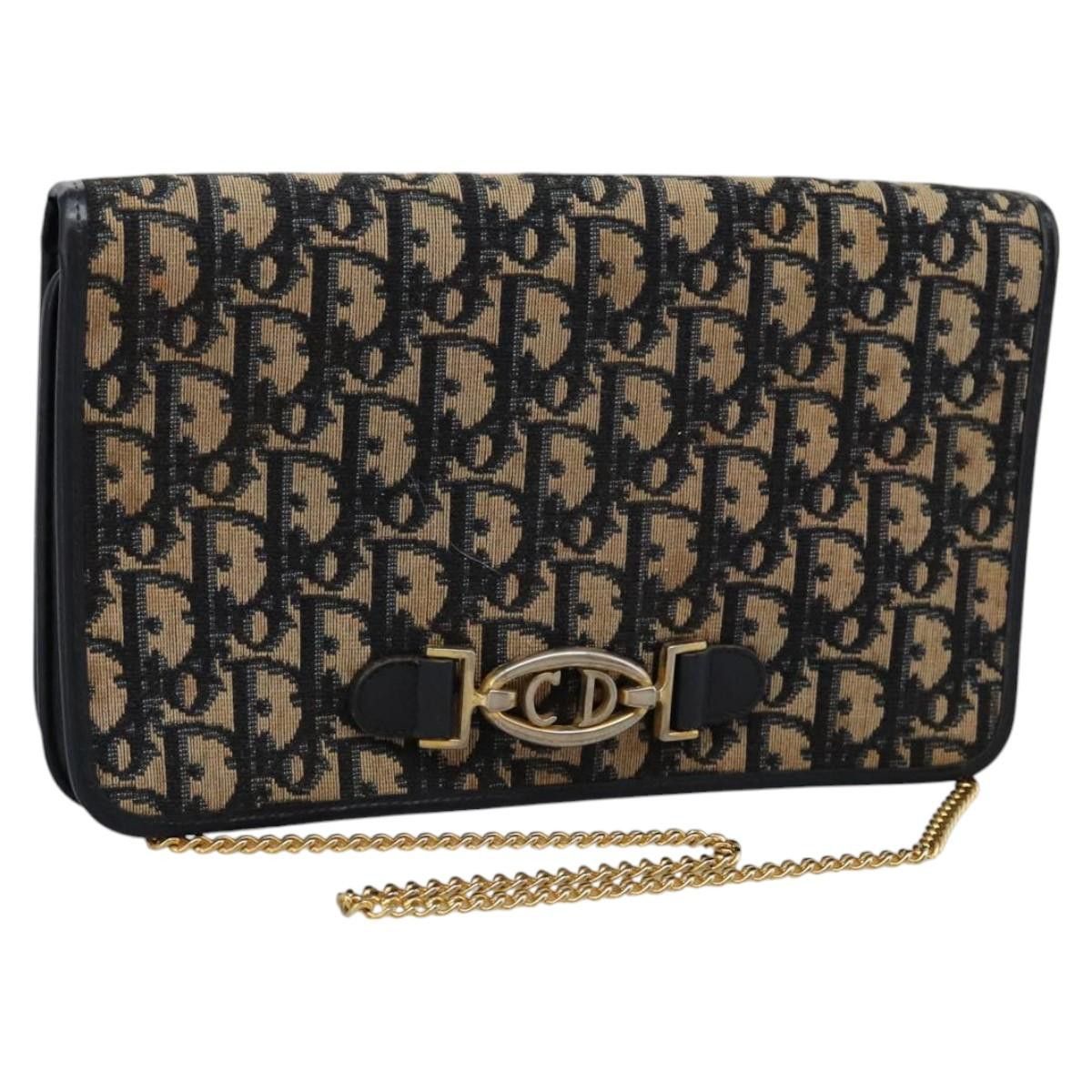 DIOR Trotter Canvas Chain Shoulder Bag Navy Gold