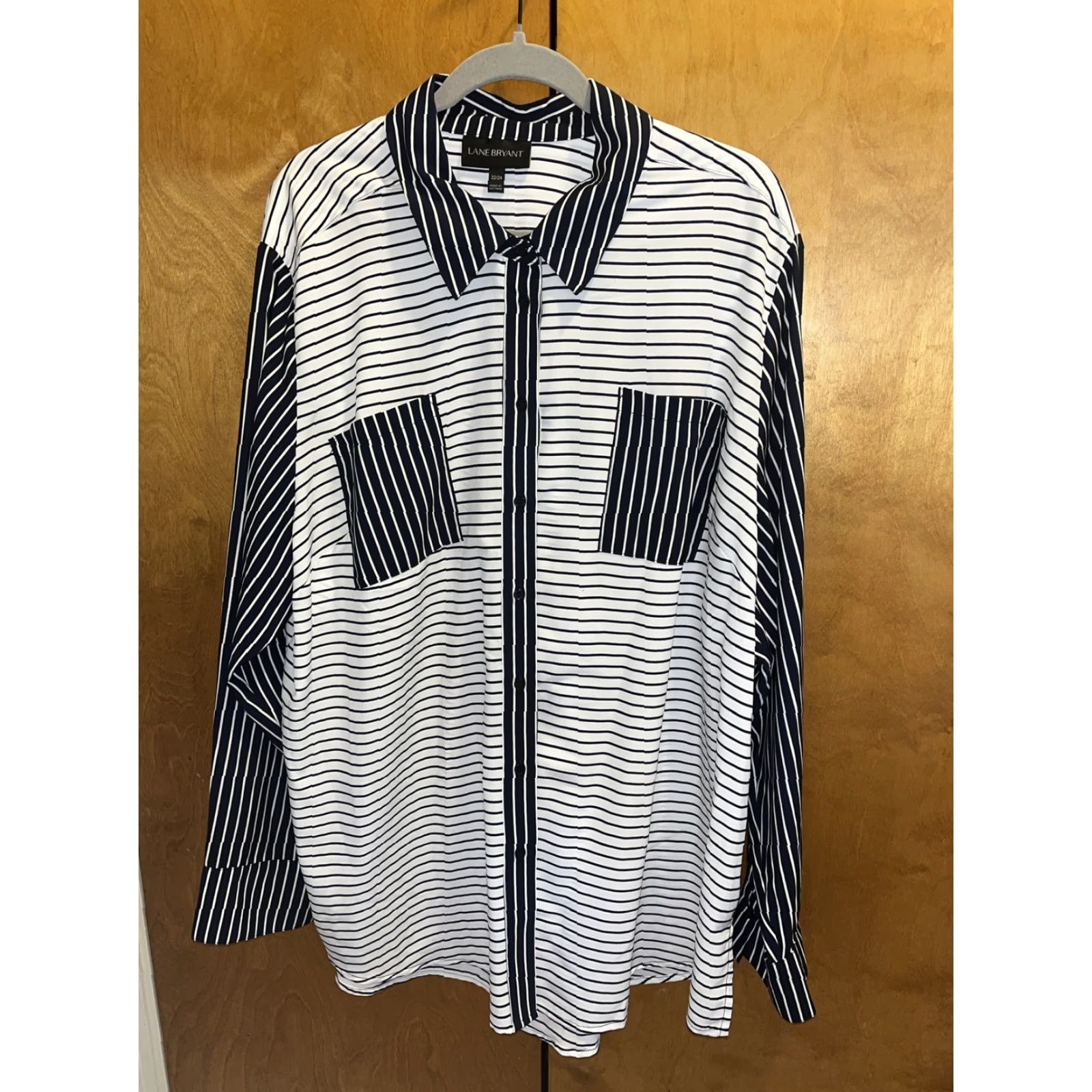 Vintage Lane Bryant Blouse Shirt Plus 22 24 Dark Blue Horizontal Stripe Button Down Lightweight Easy Care Pockets Womens Size 3XL / US 20-22 - 2 Thumbnail