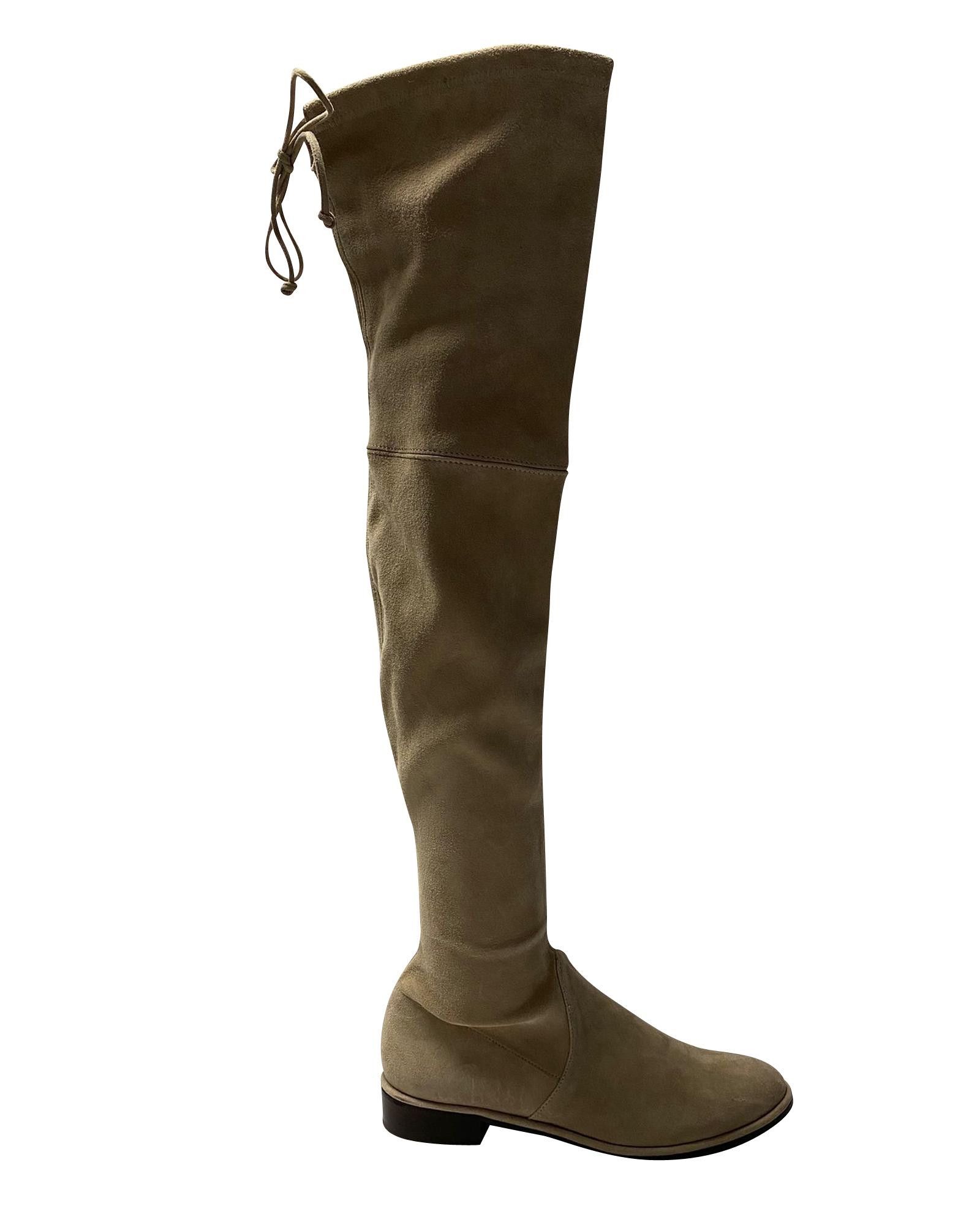 image of Stuart Weitzman Over-The-Knee Suede Boots With Drawstring Ties in Beige, Women's (Size 10)