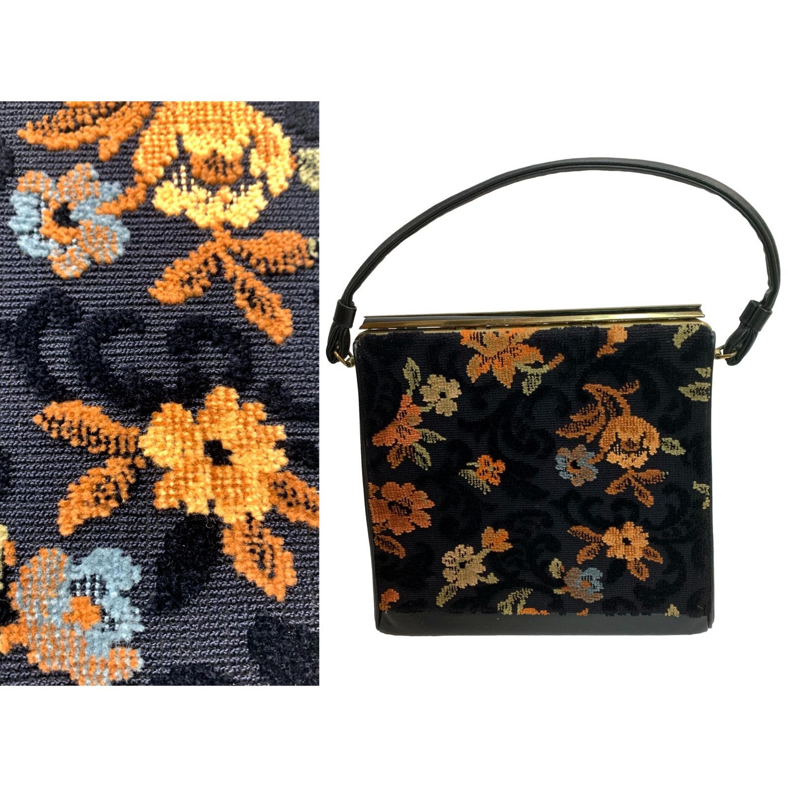 Avant Garde x Vintage 50S 60S Chenille Carpet Bag Top Handle Frame Purse | Black, Women's