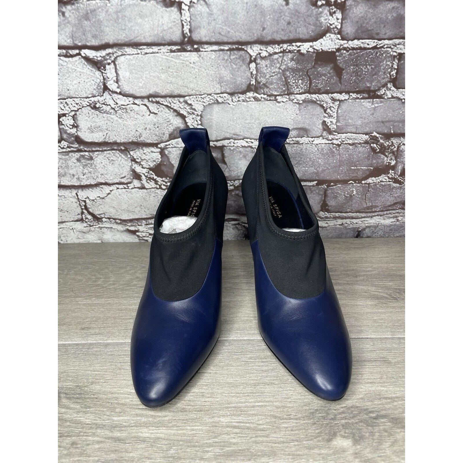 Other Via Spiga Midnight Navy Blue Leather Black Fabric Heels Wome Size US 8.5 / IT 38.5 - 20 Thumbnail
