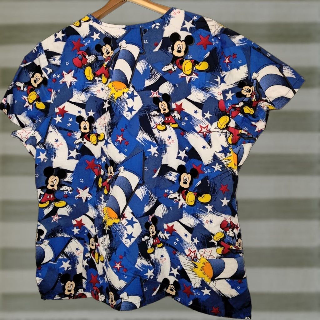 Disney Disney Mickey Mouse Scrub Top Women XL Blue Stars Faux Wrap Short Sleeve Shirt Size XL / US 12-14 / IT 48-50 - 1 Thumbnail