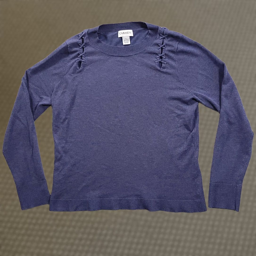 Vintage Carmen Marc Valvo Sweater Top Womens Large Blue Crewneck Lace Up Shoulders Knit Pullover Size L / US 10 / IT 46 - 1 Thumbnail