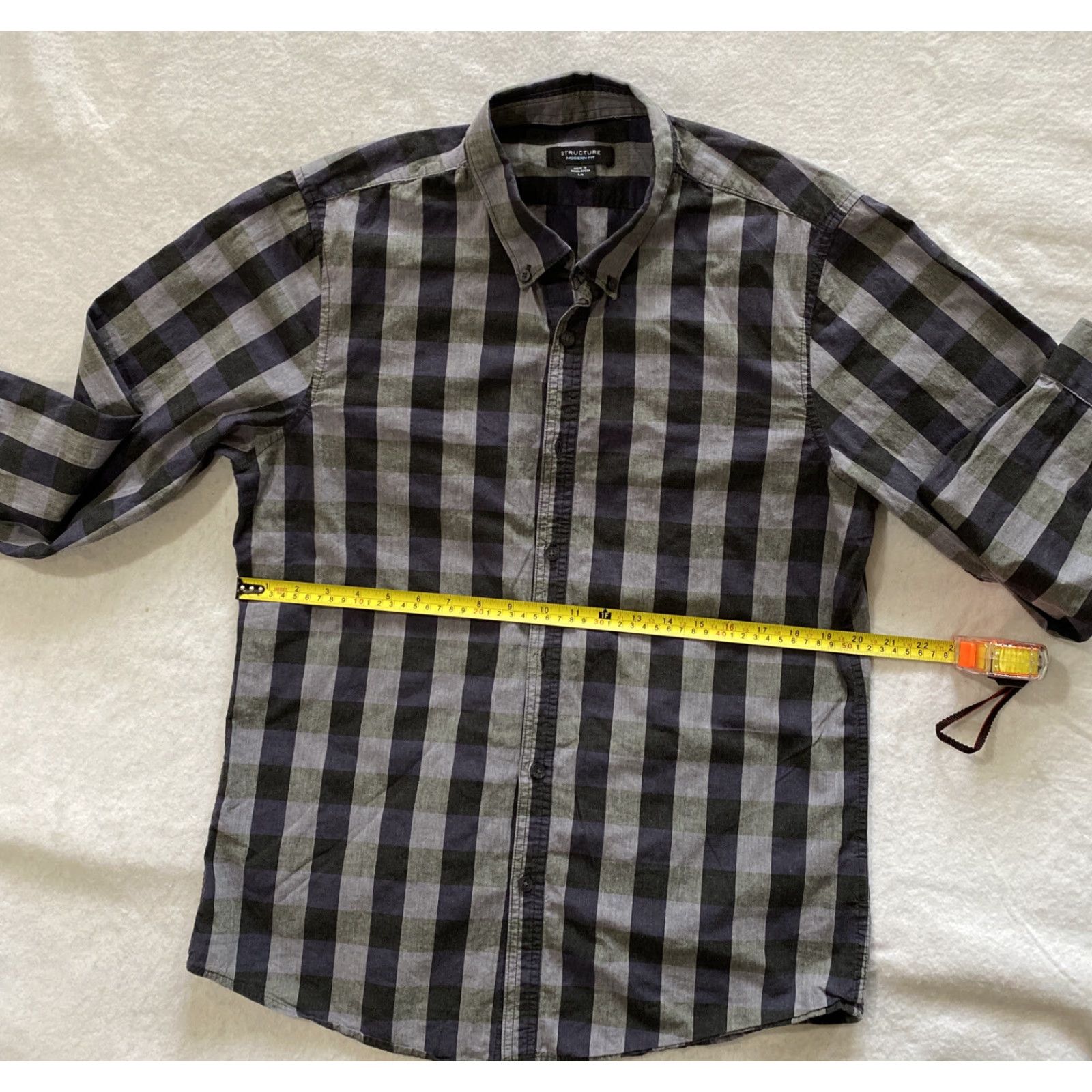 Vintage Structure Dress Shirt L Mens Regular Long Sleeve Gray Check Cotton Blend Size 42R - 7 Thumbnail