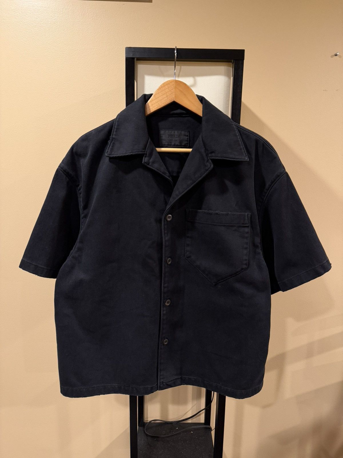 Prada Prada Black Denim Distressed Back Logo Button Bowling Shirt Size US M / EU 48-50 / 2 - 18 Thumbnail