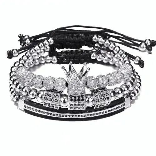 Jewelry 3pcs Silver Bead + Crown Bracelet + Zircon Stone Size ONE SIZE - 3 Thumbnail