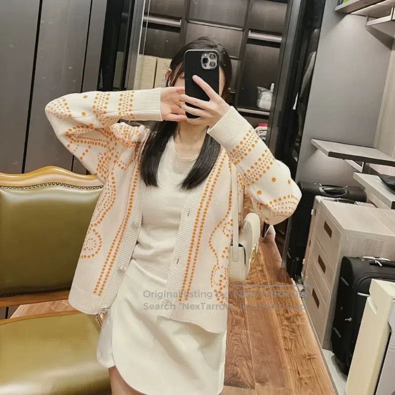 Hermes Hermes Orange and White Knit Cardigan Size XXS / US 00 / IT 34 - 6 Thumbnail