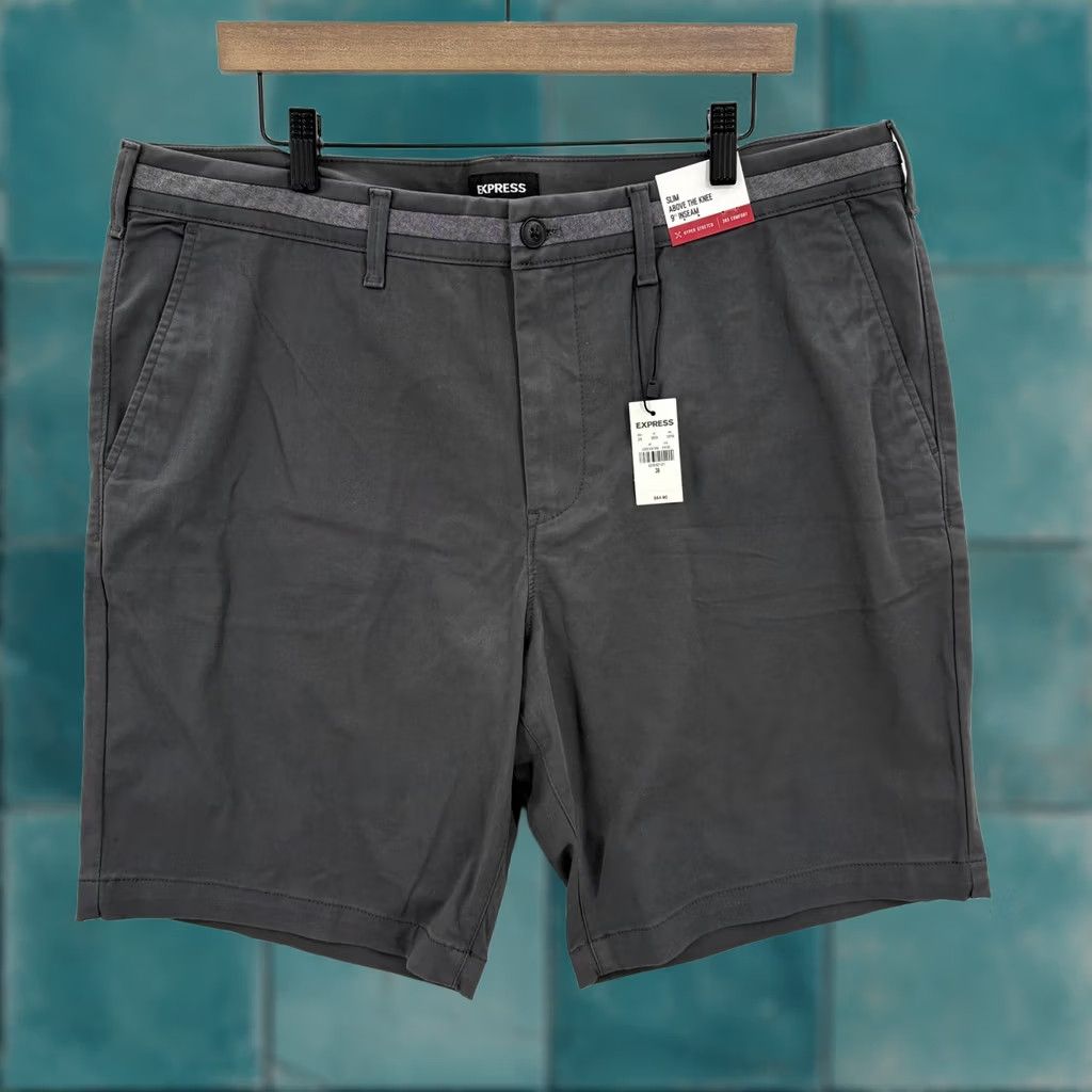 Express Express Shorts Mens 38 Gray Slim 9" Chino Cotton Polyester Spandex NWT Casual Pockets Stretch Front Flat Front Vintage No Size US 38 / EU 54 - 1 Thumbnail