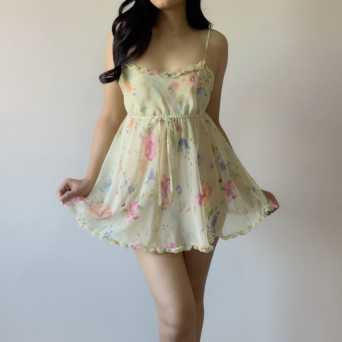 Victoria's Secret Victoria’s Secret 1990s Green Floral Chiffon Slip Dress (XS) Size XS / US 0-2 / IT 36-38 - 2 Thumbnail