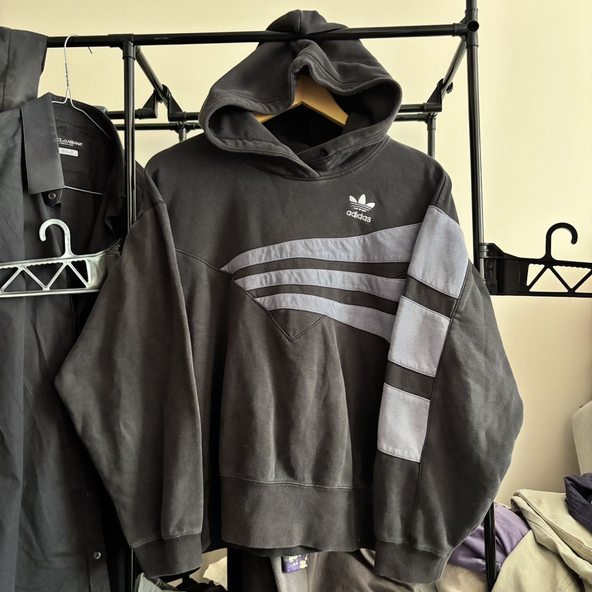 Vintage Adidas Trefoil Hoodie Asymmetrical Stripes –Boxy Fit