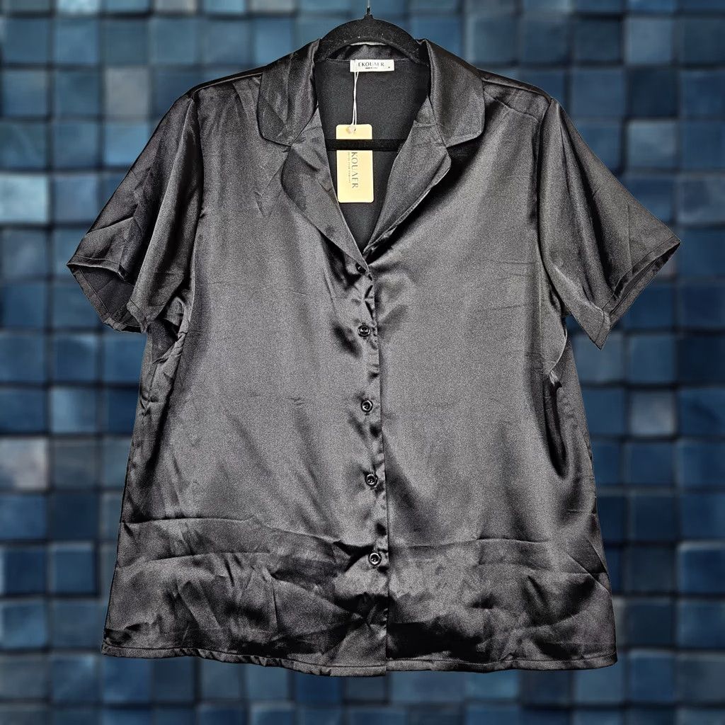 Vintage Ekouaer Women's Black Button Up Short Sleeve Satin Pajama Set Size M New Size 32" / US 10 / IT 46 - 1 Thumbnail