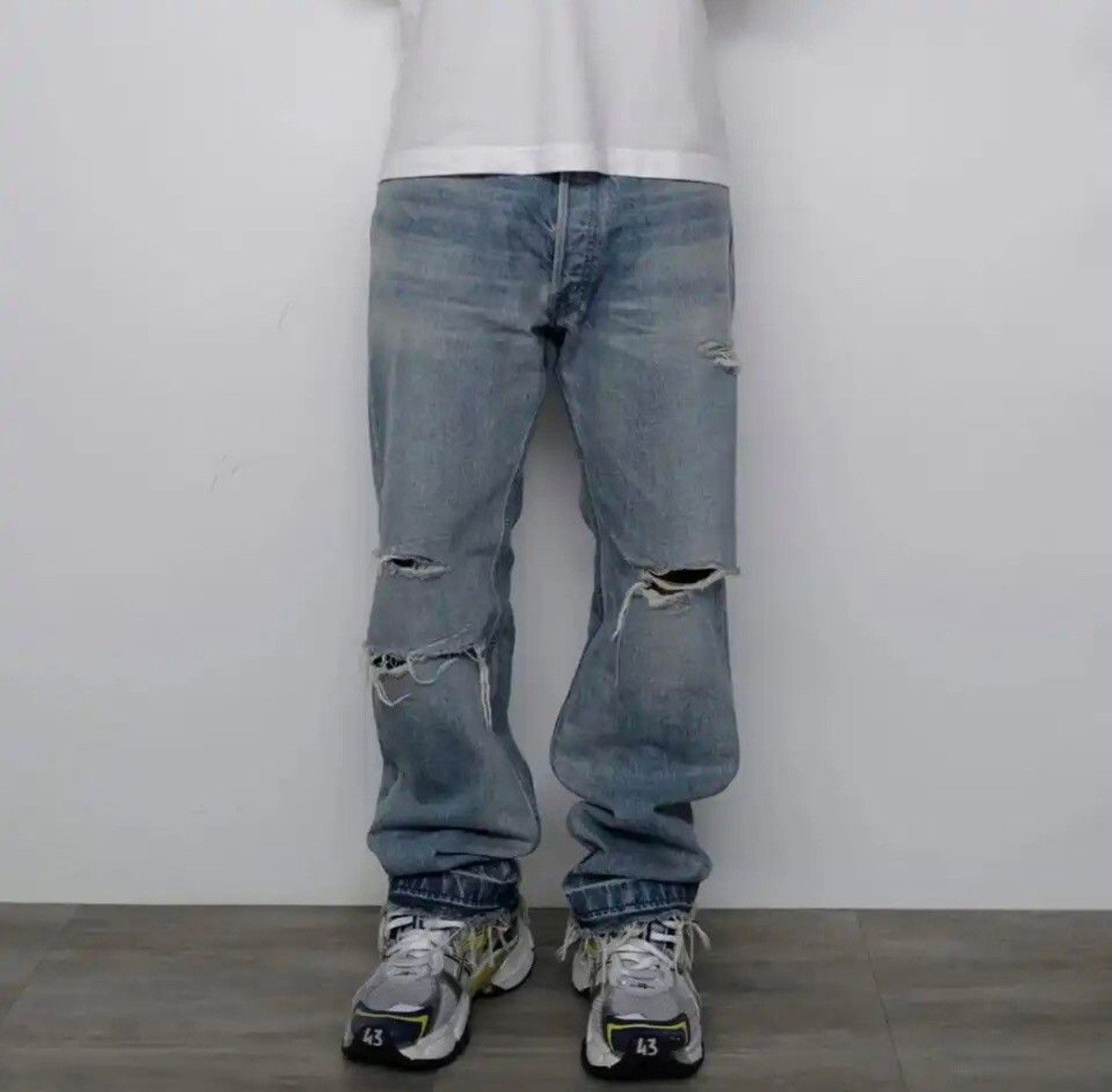 High Street Hole Cut Ripped Washed Blue Baggy Jeans Pants