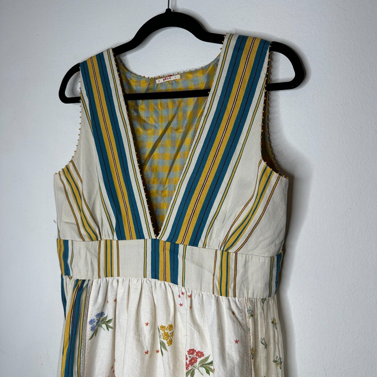 Other Pero Tan Teal Gold VNeck Floral Stripe Empire Ruffle Maxi 38 Size M / US 6-8 / IT 42-44 - 4 Thumbnail