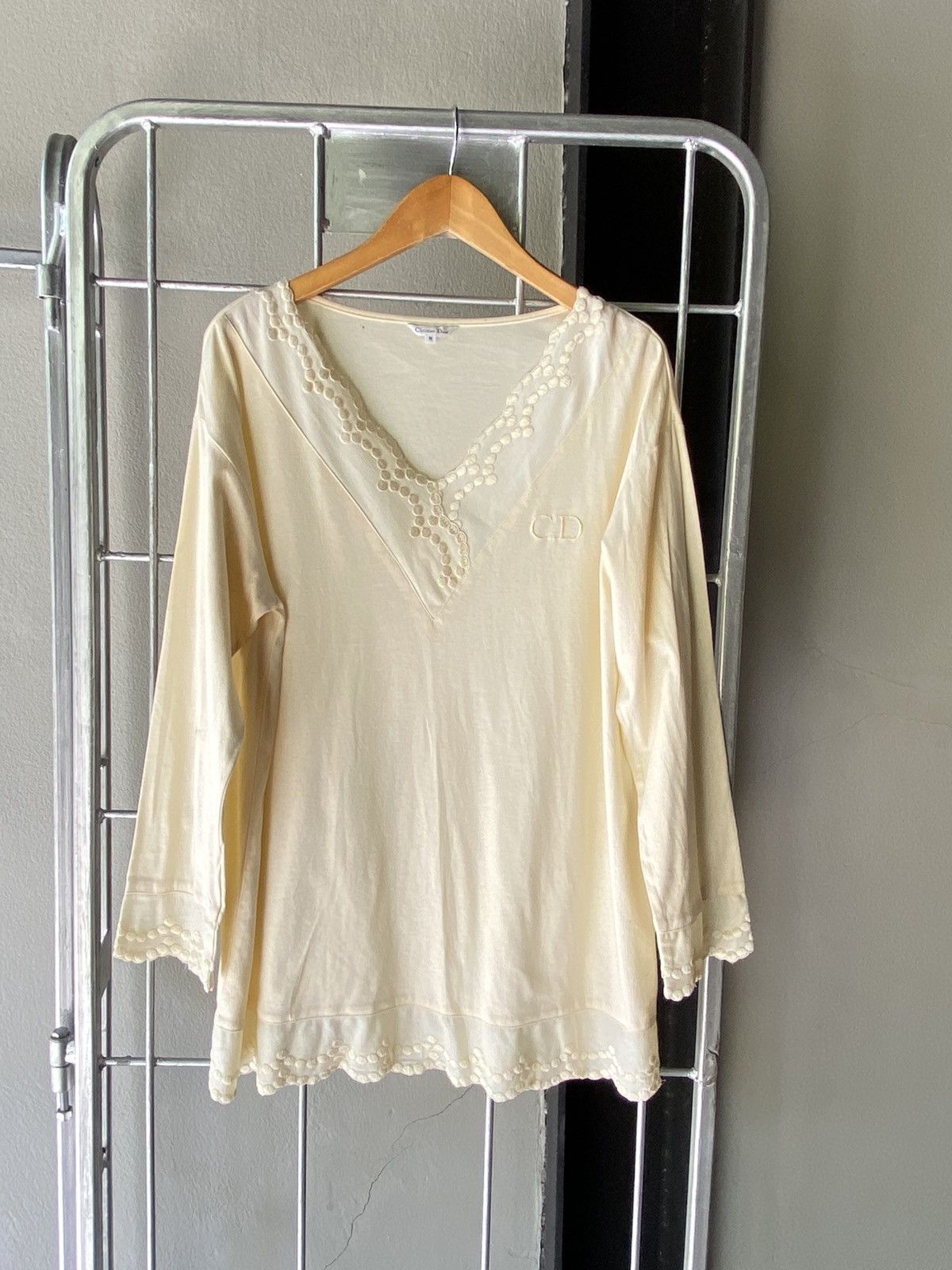 Dior Christian Dior Yellow Lace-Trim V-Neck Blouse Size M / US 6-8 / IT 42-44 - 1 Thumbnail