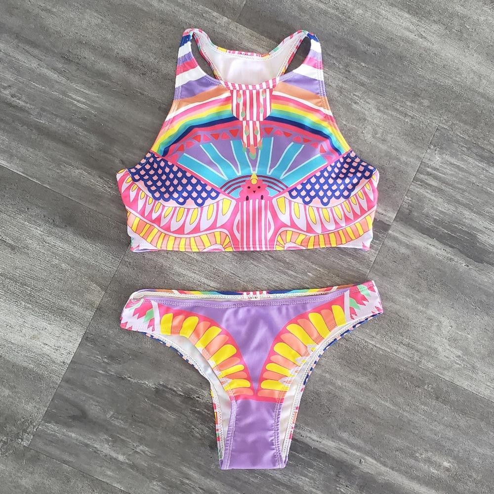 Designer Colorful Detailed High Neck Bikini Set Size ONE SIZE - 1 Thumbnail