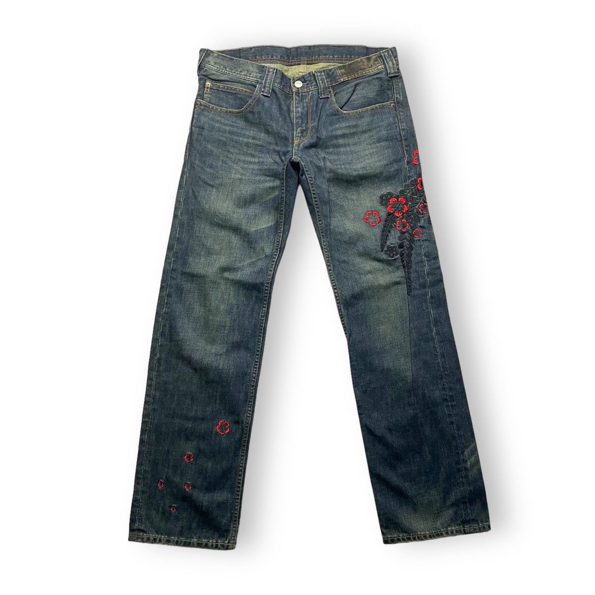 Takeo Kikuchi 🇯🇵 TAKEO KIKUCHI EMBROIDERED FLORAL DENIM PANTS Size 31" - 1 Thumbnail
