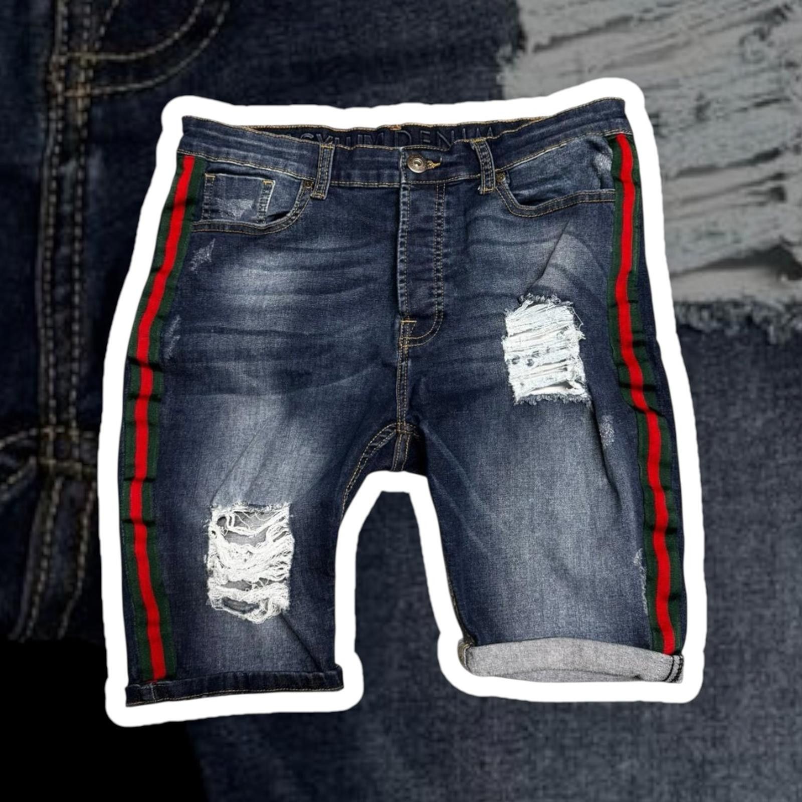 Stylish Asylum Denim Distressed Denim Shorts with Stripes