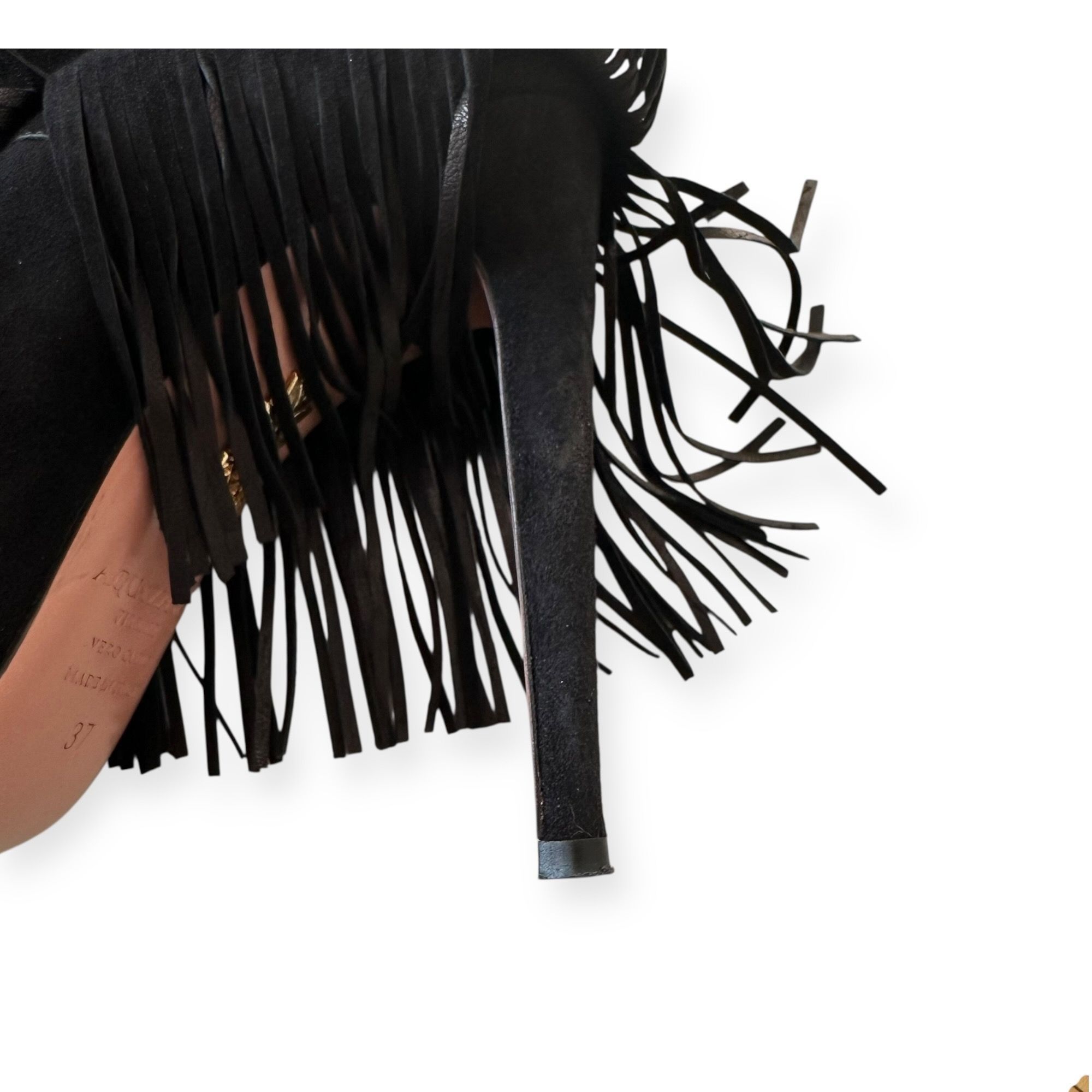 Aquazzura AQUAZZURA Mustang 105 Fringe Heeled Ankle Boots In Black Sue Size US 7 / IT 37 - 12 Thumbnail