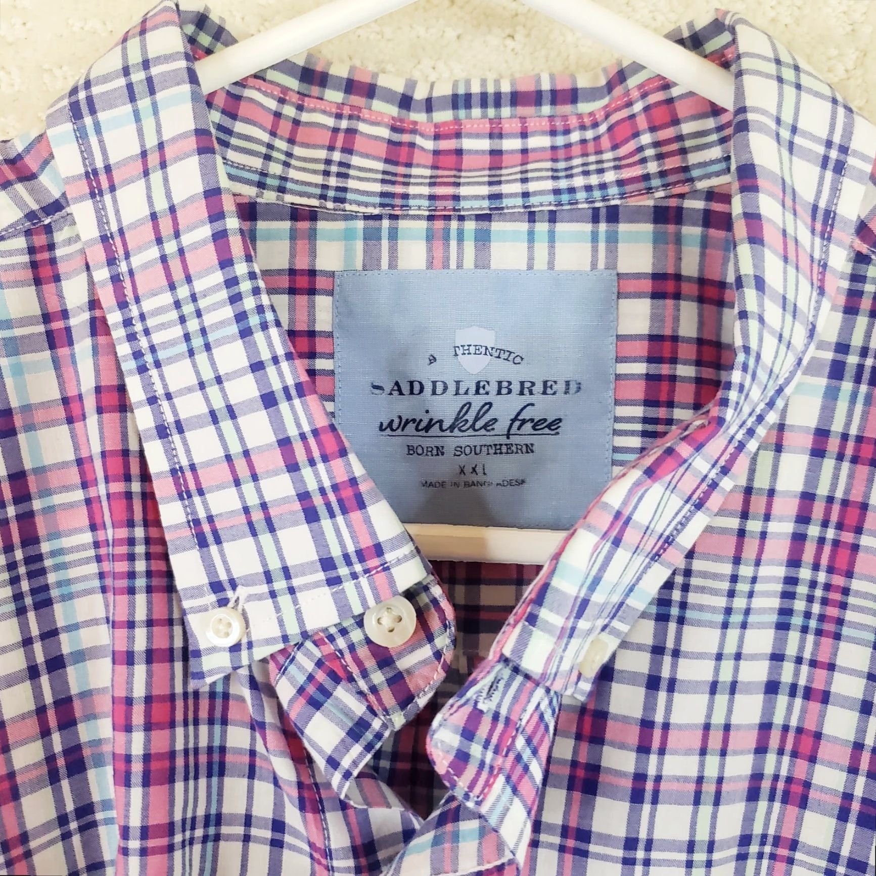 Born Saddlebred Shirt Mens XXL Pink Blue Plaid Regular Short Sleeve Button-Up Wrinkle Free Size US XL / EU 56 / 4 - 6 Thumbnail