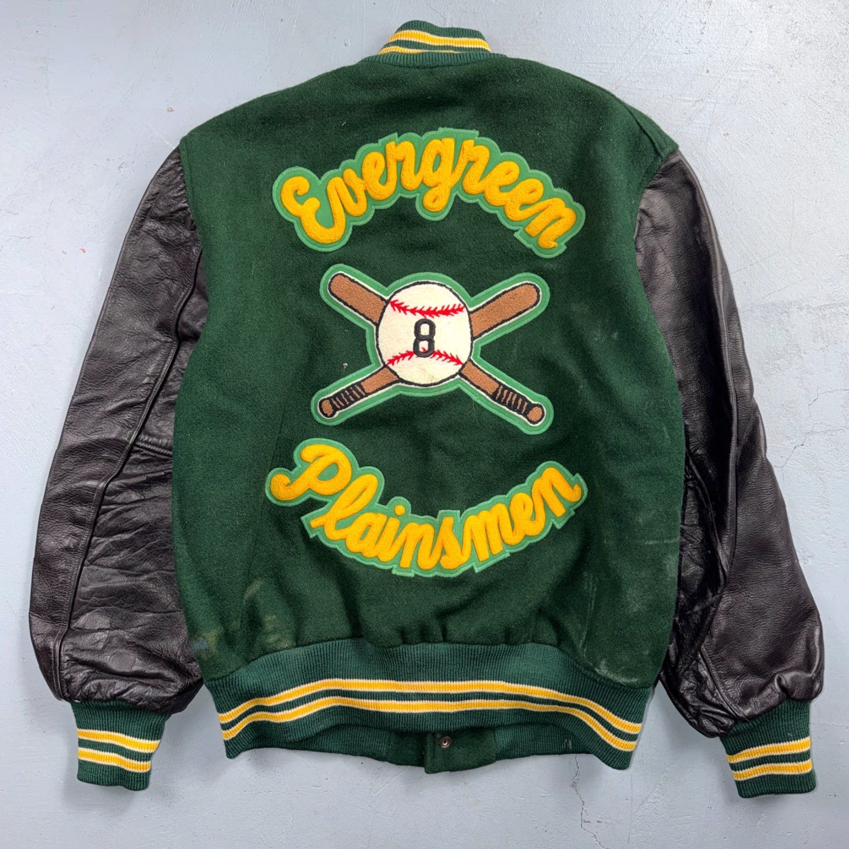 Evergreen VINTAGE Varsity Jacket 44 VTG Green Wool Leather Evergreen Plainsmen Chainstitch Mens Jacket 90s Green Size US S / EU 44-46 / 1 - 2 Thumbnail