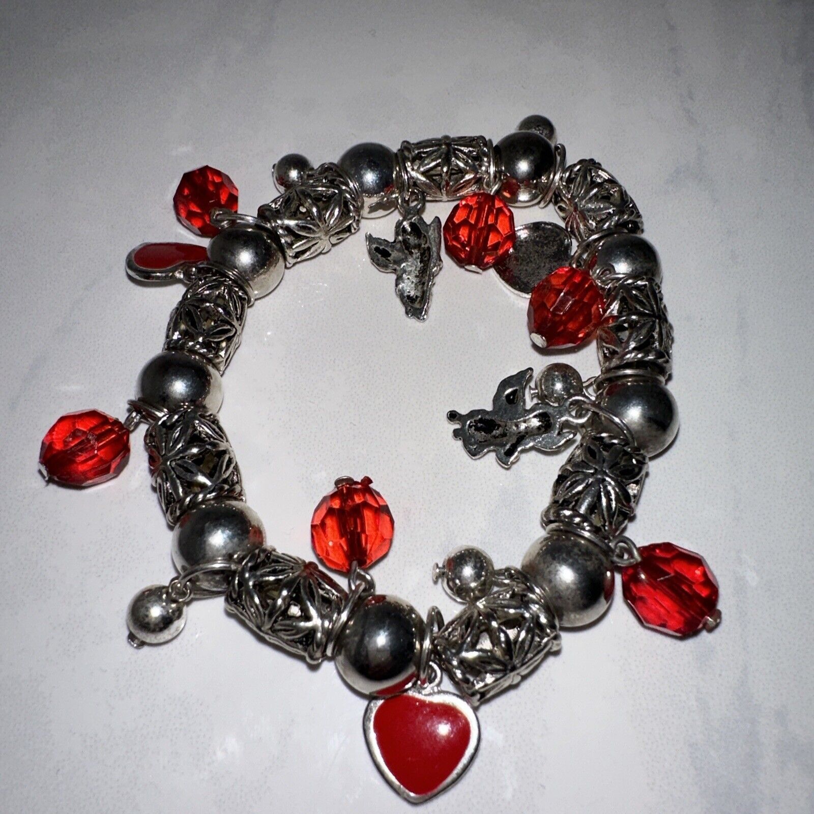 Vintage VTG Silver Art Deco Angels Red Hearts Charm Bracelet Stretch Size ONE SIZE - 5 Thumbnail