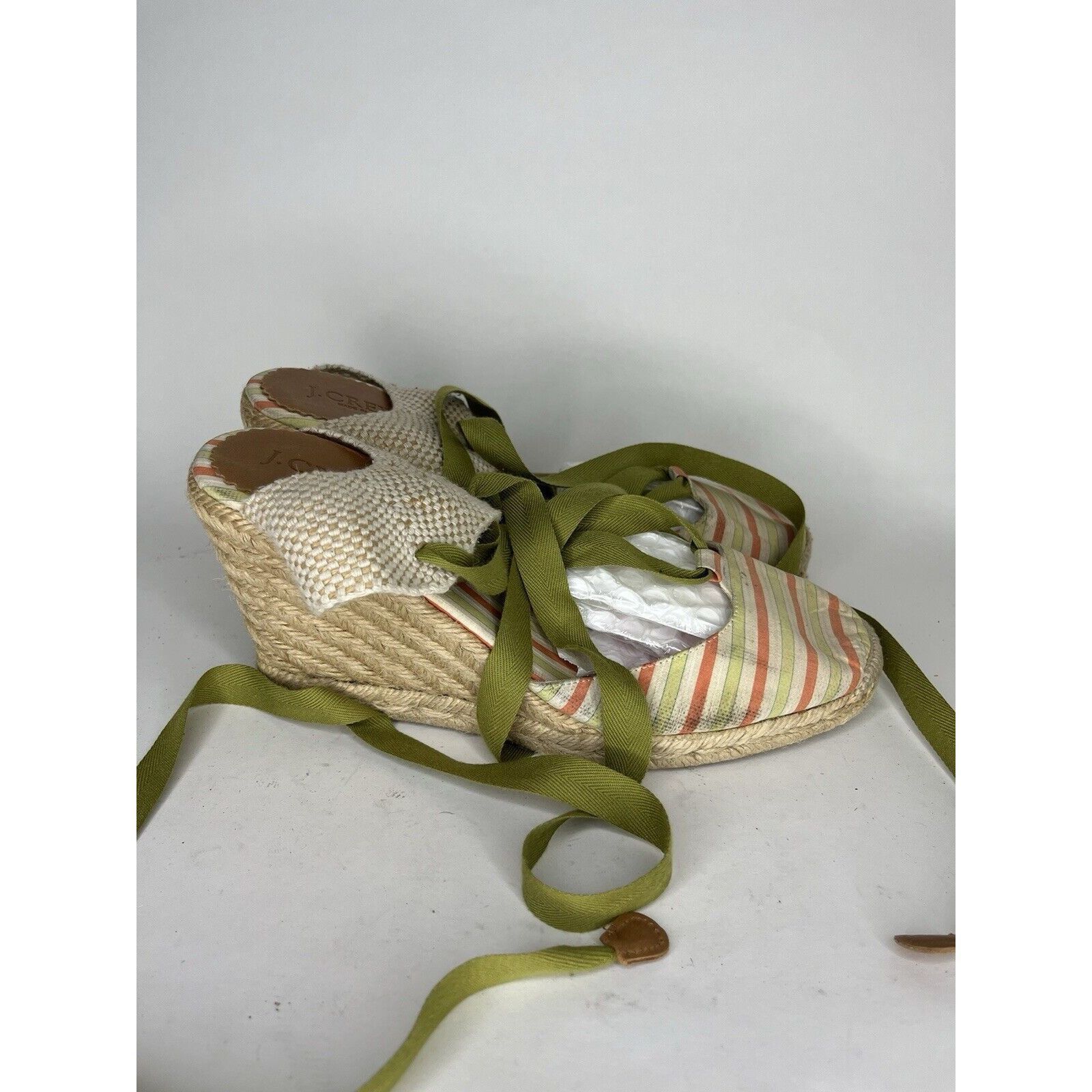 Other J. Crew Beige Fabric Striped Green Lace Espadrilles Wedges W Size US 8 / IT 38 - 12 Thumbnail