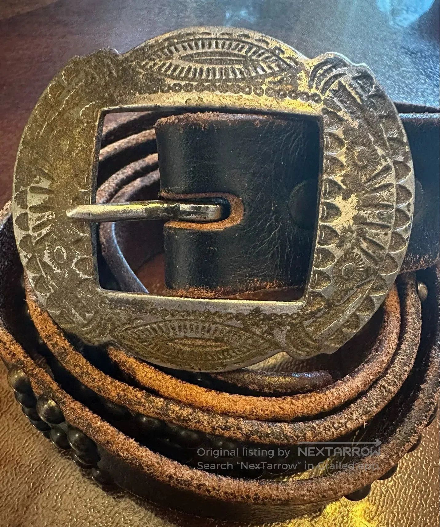 RRL Ralph Lauren Vintage Double RL Studded Leather Belt. Size ONE SIZE - 3 Thumbnail