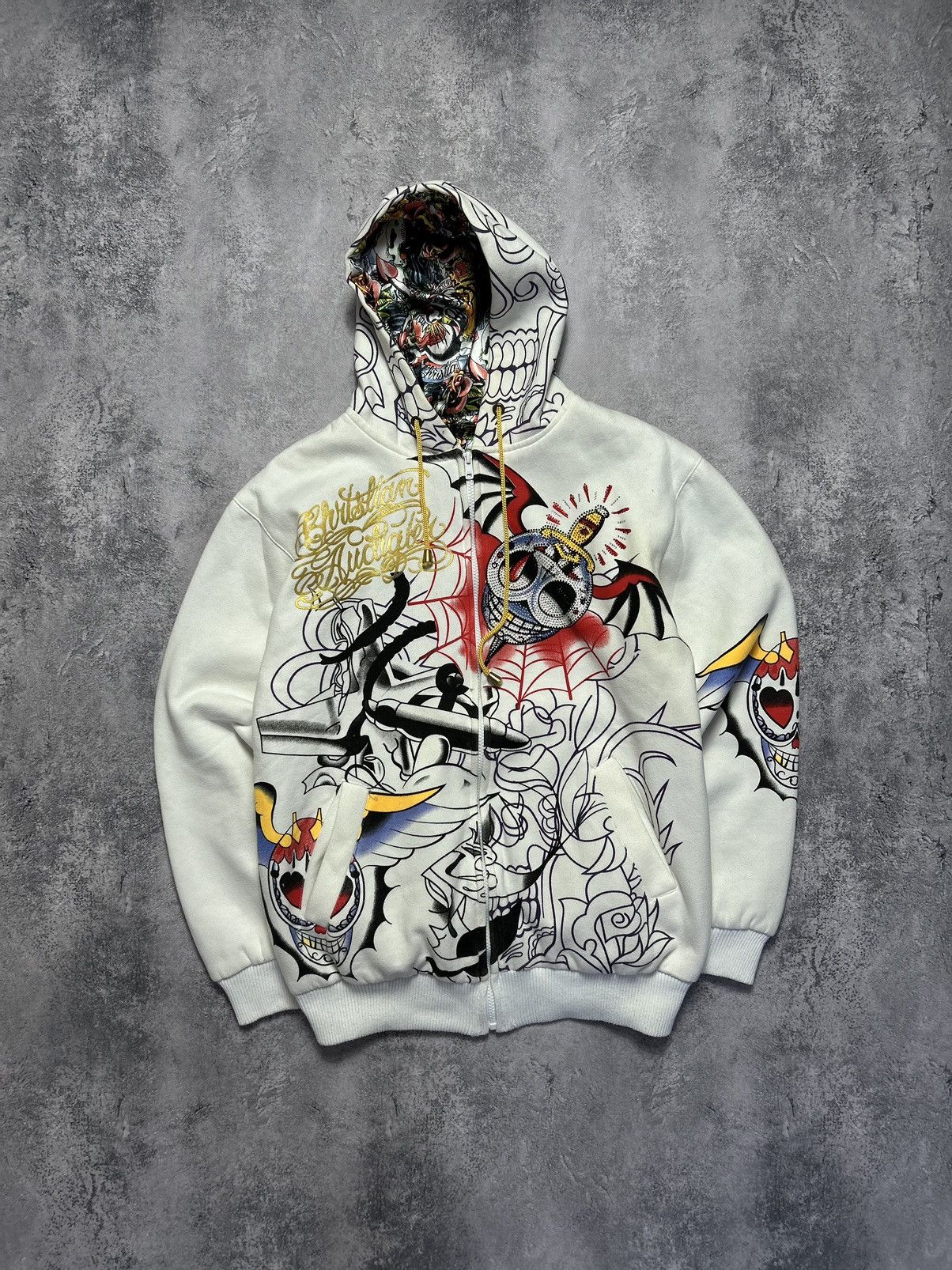 image of Double-Sided Zip-Hoodie Ed Hardy Christian Audigier Big Logo in White, Men's (Size Medium)