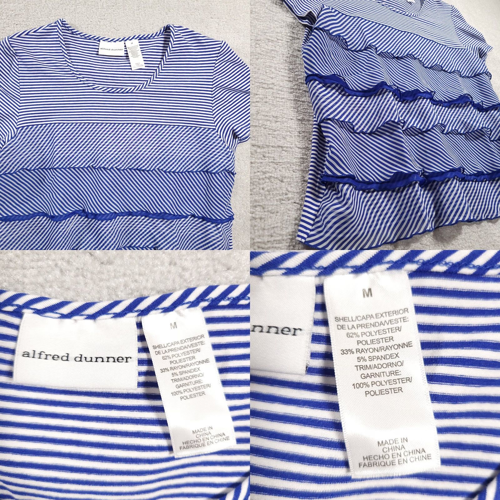 Vintage VINTAGE Alfred Dunner Womens Blue Shirt Striped Short Sleeve Stretch Scoop Neck Ruffled Size M / US 6-8 / IT 42-44 - 8 Thumbnail