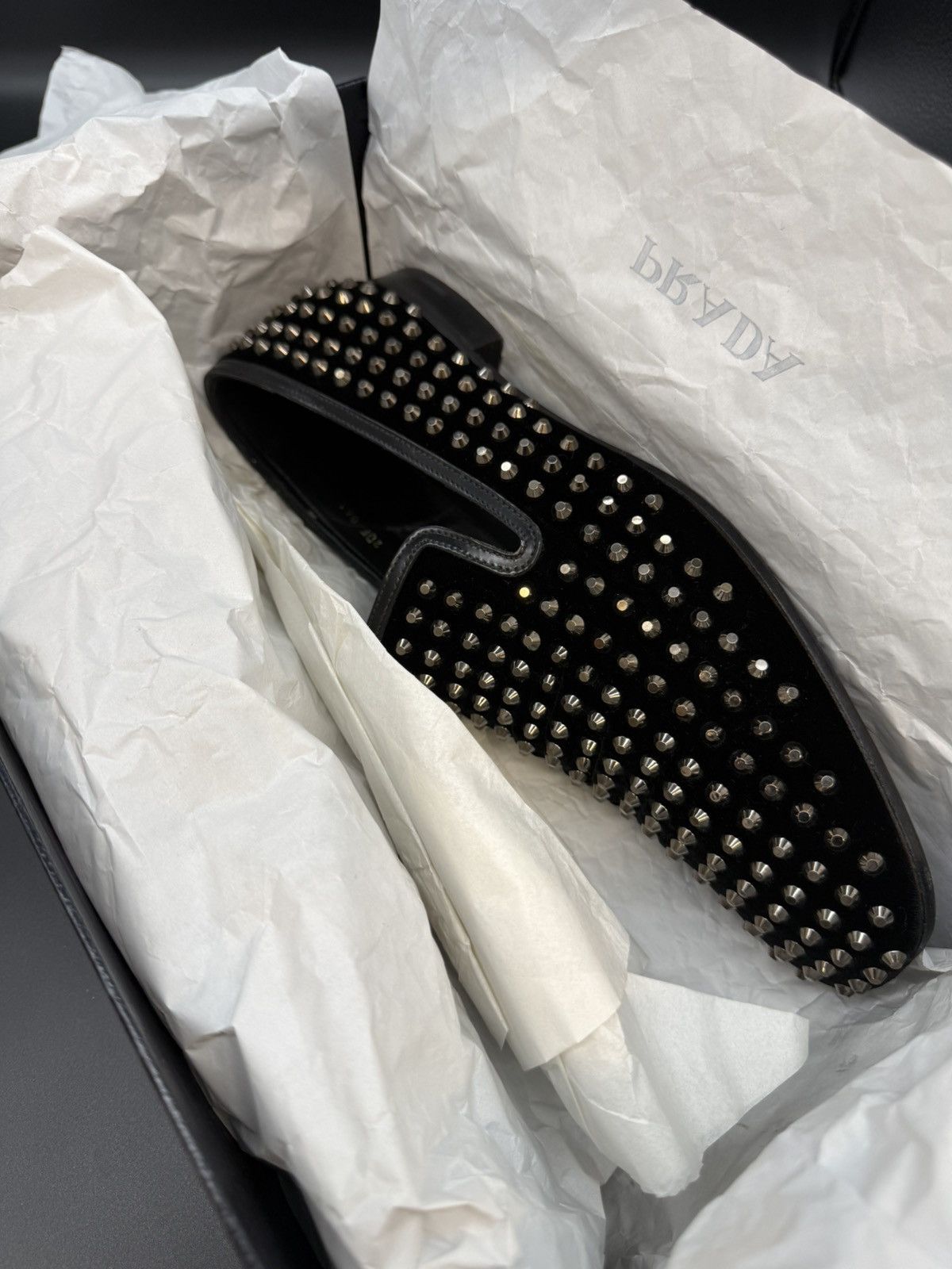 Prada PRADA Velluto Stud Smoking Loafer Black Velvet-Silver Studs Size US 11 / EU 44 - 24 Thumbnail
