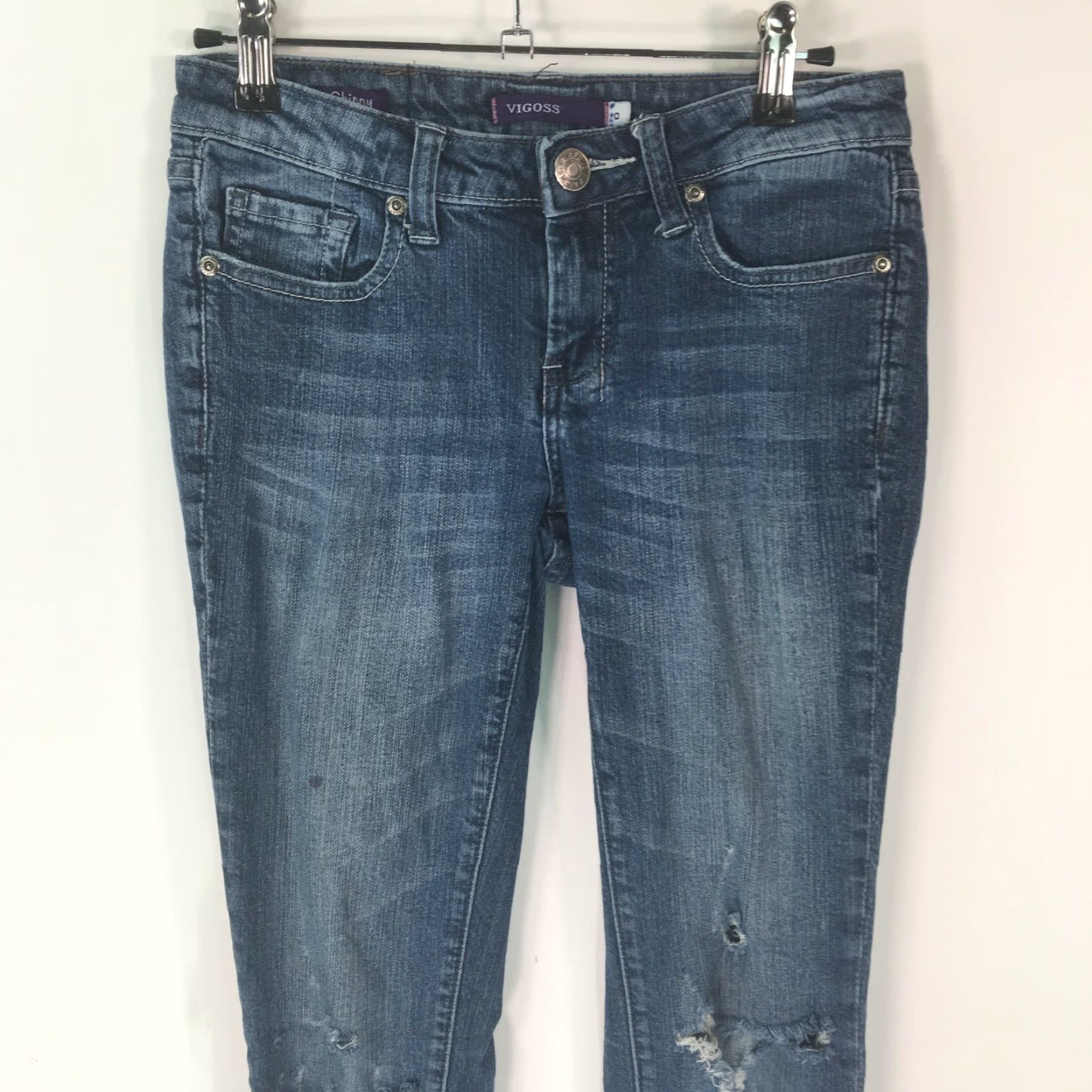 Vintage VIGOSS Womens Regular Low Rise Skinny Casual Blue Distressed Denim Jeans Size 0 Size 25" / US 0 / IT 36 - 3 Thumbnail