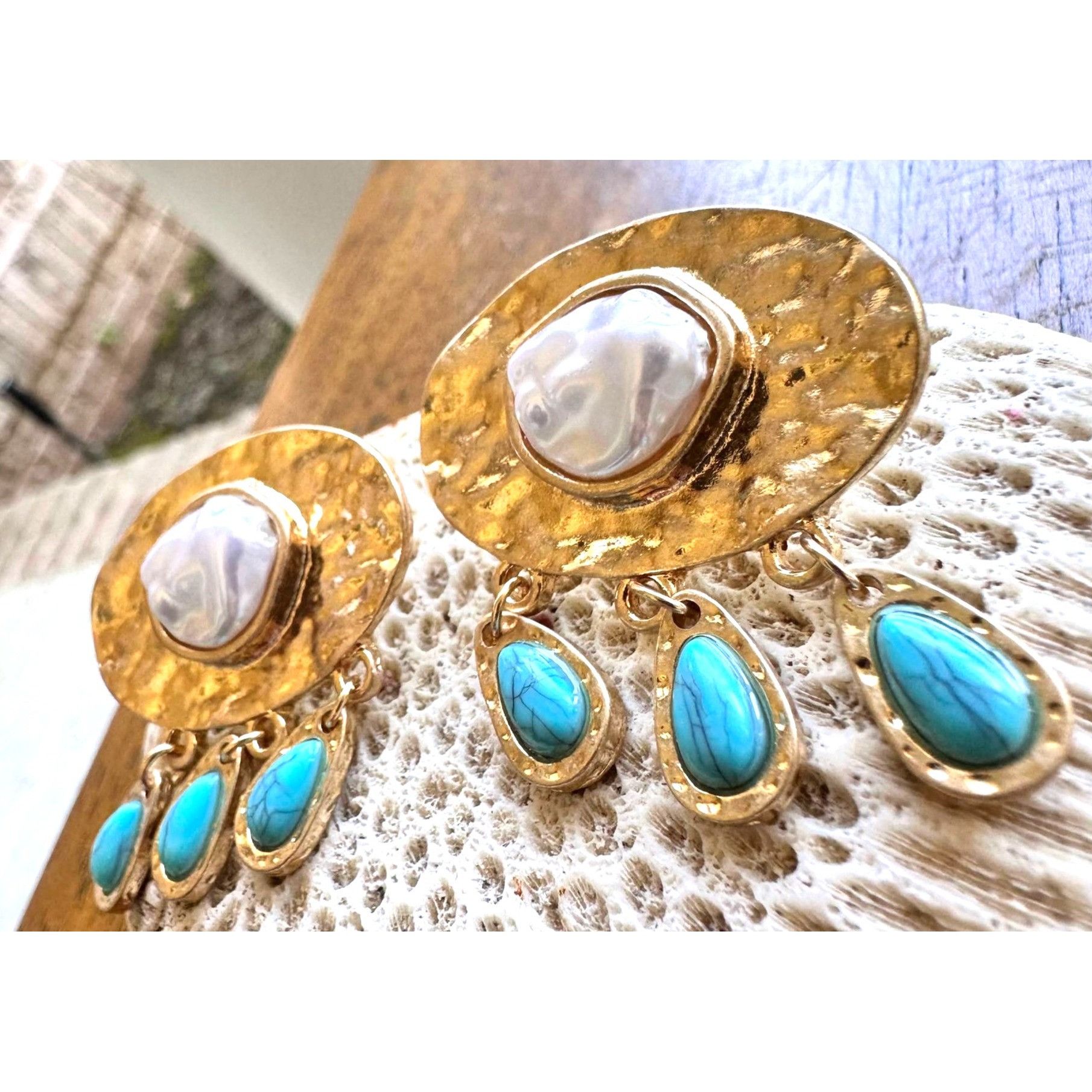 Handmade Hammered Metal Faux Pearl Turquoise Earrings Posts New Crui Size ONE SIZE - 9 Thumbnail