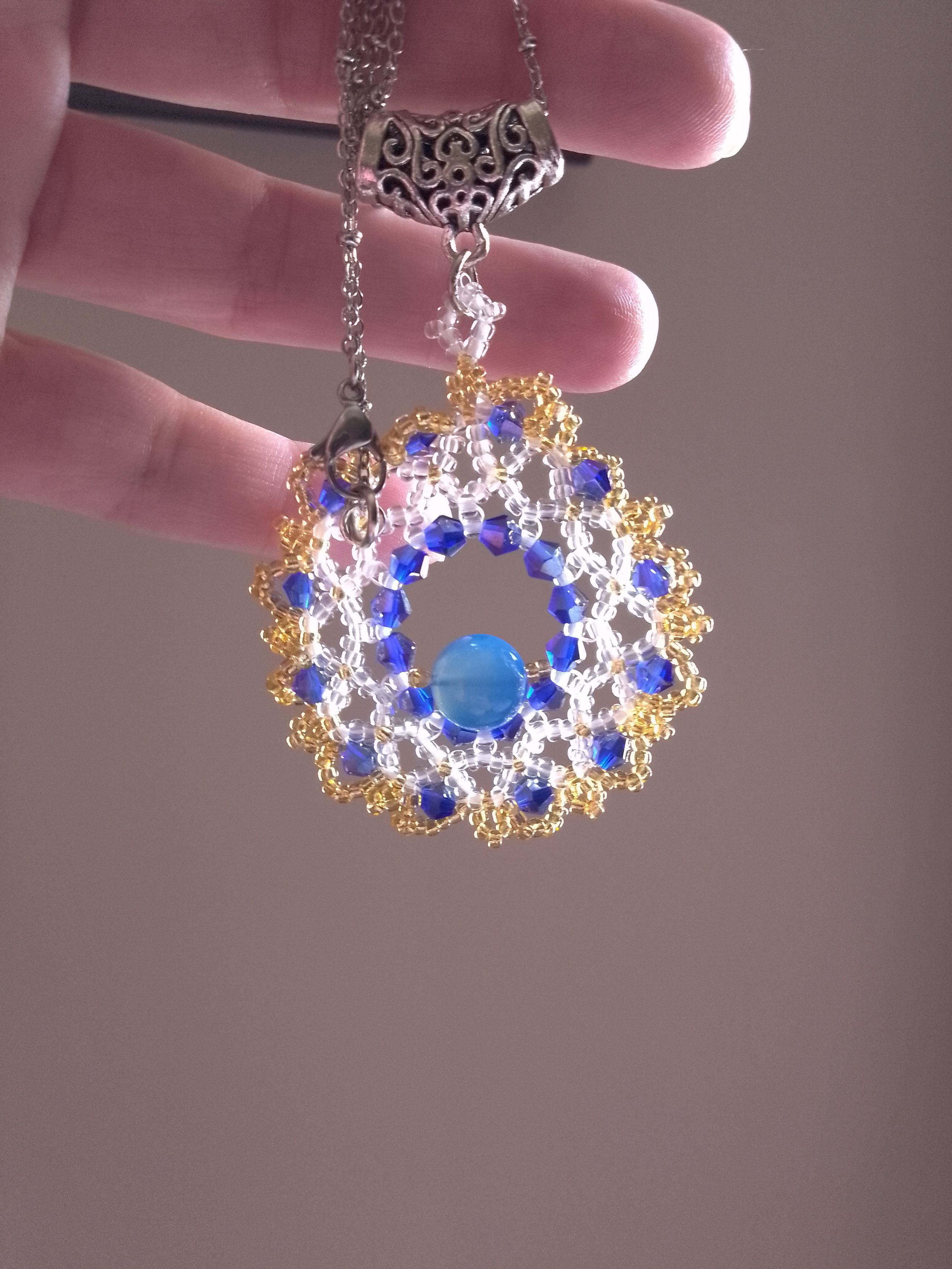 Handmade Long Necklace. Rhodium plated. Blue agate gemstones pendant Size ONE SIZE - 4 Thumbnail