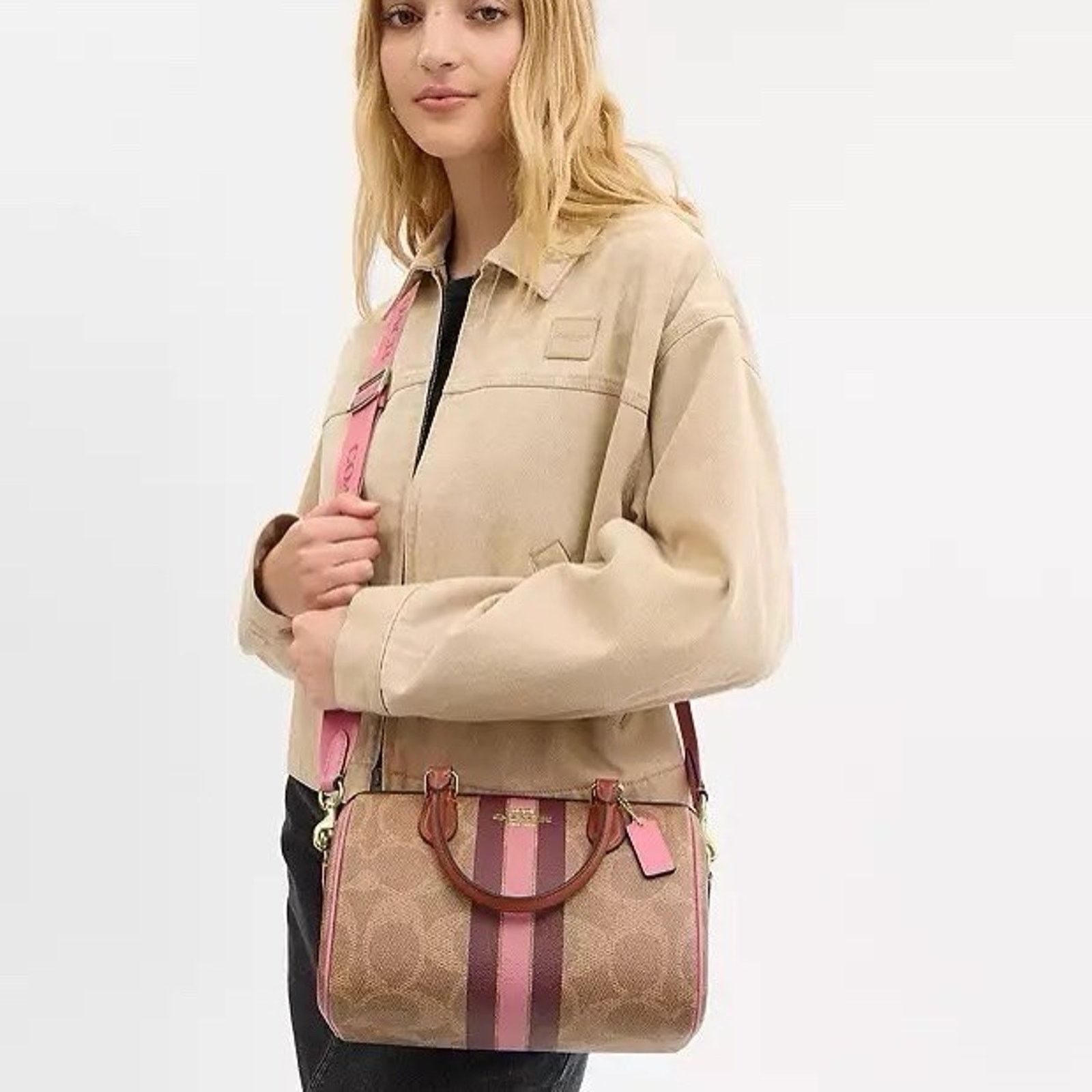 Coach NWT COACH Rowan Satchel Bag With Stripe Print Gold/Tan CBI78 Size ONE SIZE - 7 Thumbnail