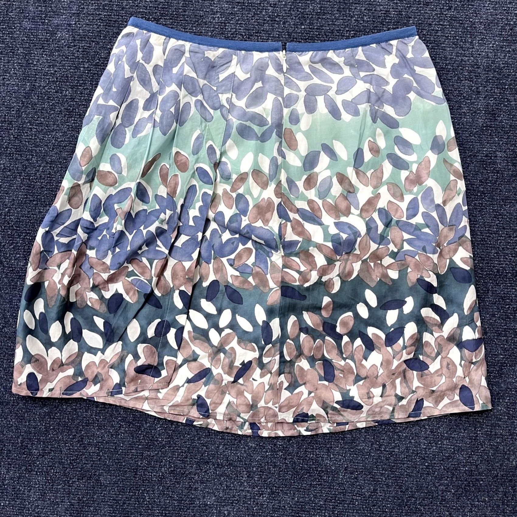 Vintage Abstract Leaf Print Skirt Womens Medium Blue Green Brown Zip Closure Lightweight Size 34" / US 12 / IT 48 - 3 Thumbnail