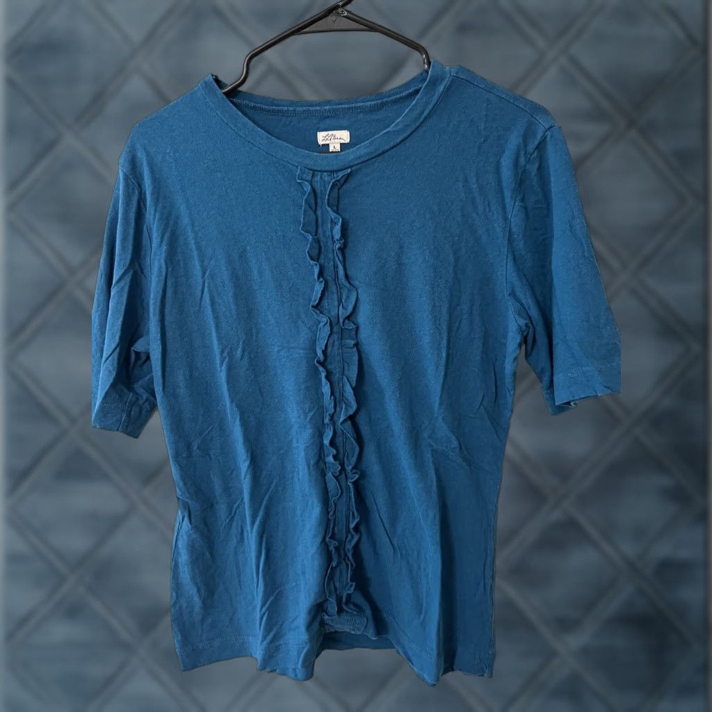 Vintage Womens Top-L.L.Bean-blue striped linen Cotton round neck short sleeve-L Shirt Womens Linen Striped Tunic Blue 90s? Size 36" / US 14 / IT 50 - 1 Thumbnail