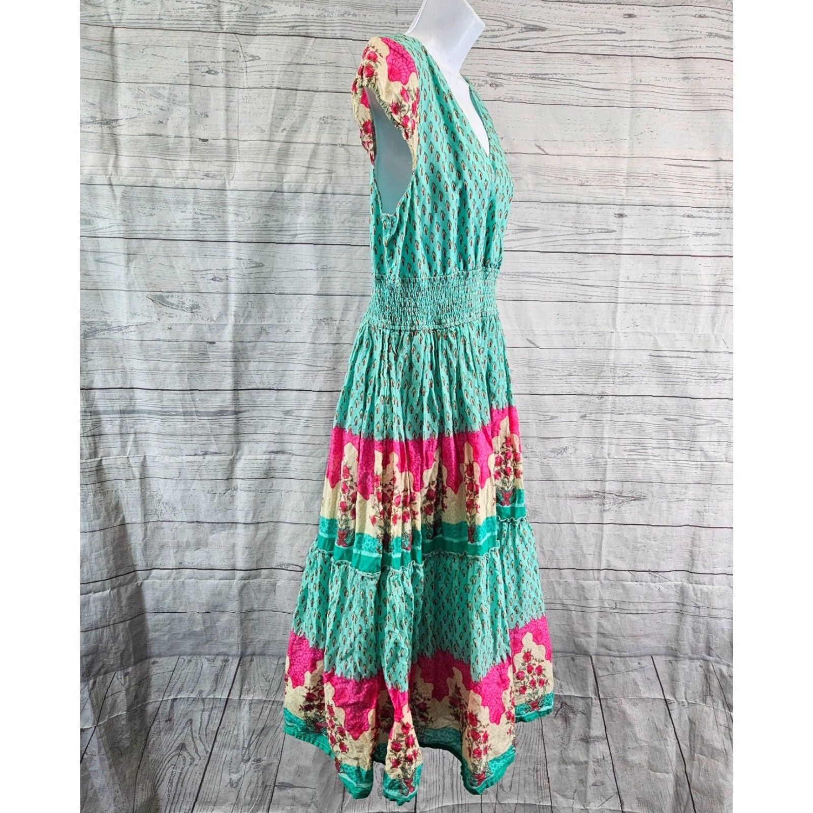 Vintage eShakti Womens Dress L Blue Pink Floral Cap Sleeve Smocked Waist Pockets Midi A-Line Vintage: No (adjusted per rules) Size L / US 10 / IT 46 - 3 Thumbnail