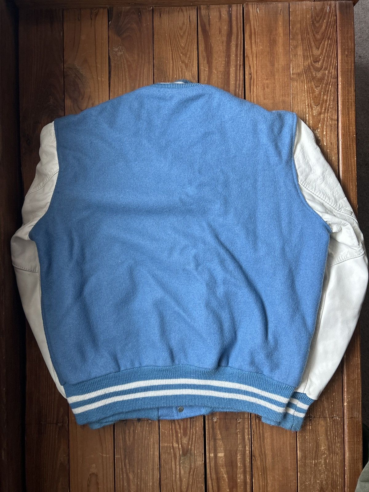 Delong × Vintage Vintage 90s DeLong Light Blue Wool Leather Varsity Jacket Size US M / EU 48-50 / 2 - 4 Thumbnail