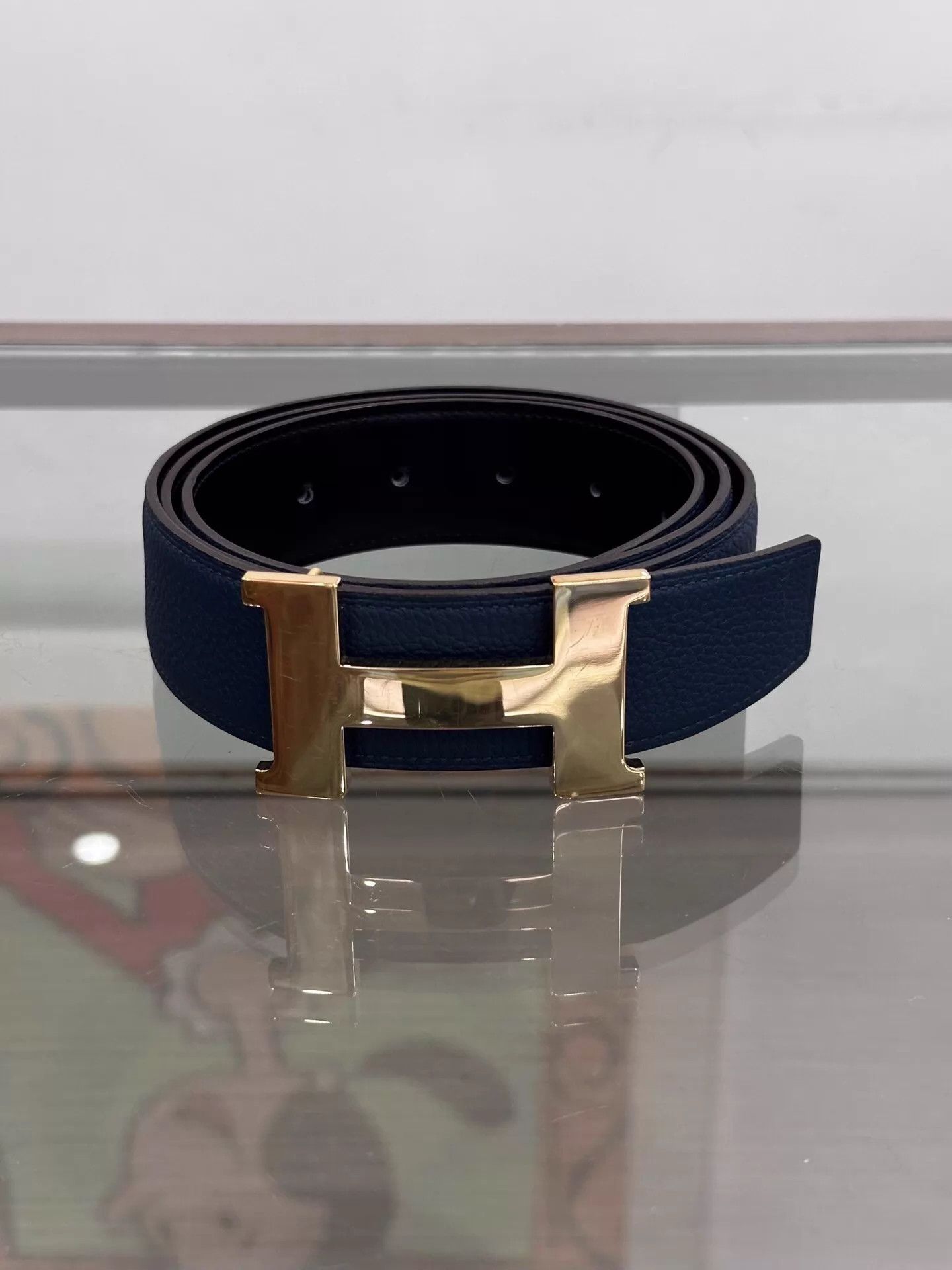 Hermes Hermes 4cm Blue/Black H-Buckle Belt 100cm D 99New Size ONE SIZE - 1 Thumbnail