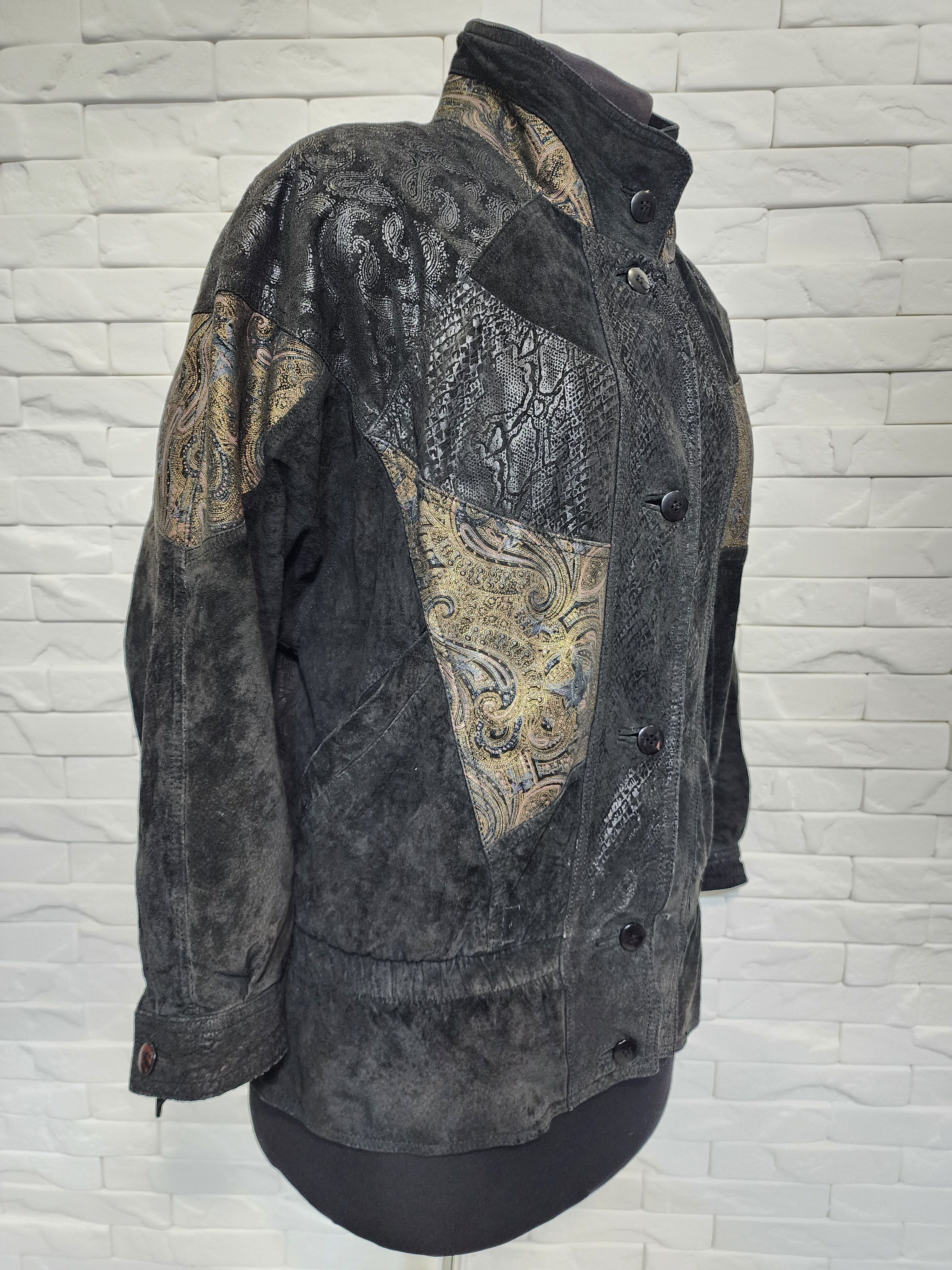 Genuine Leather Women's Leather Jacket: Black Painted Suede, Stand-Up Collar Size L / US 10 / IT 46 - 3 Thumbnail
