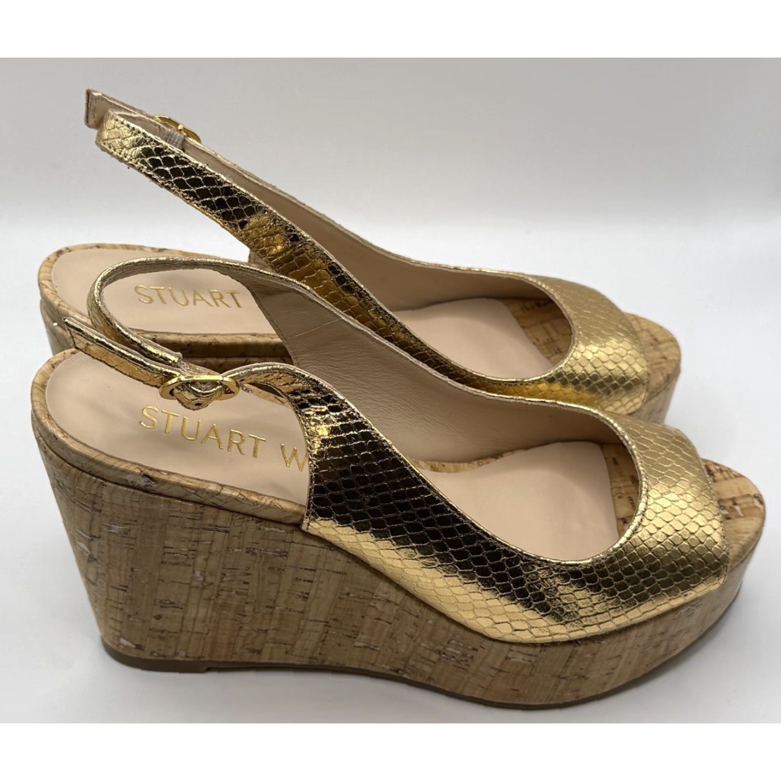 Stuart Weitzman STUART WEITZMAN Riveria Gold Python-Embossed Metallic Leather Cork Wedge 6 Size US 6 / IT 36 - 3 Thumbnail