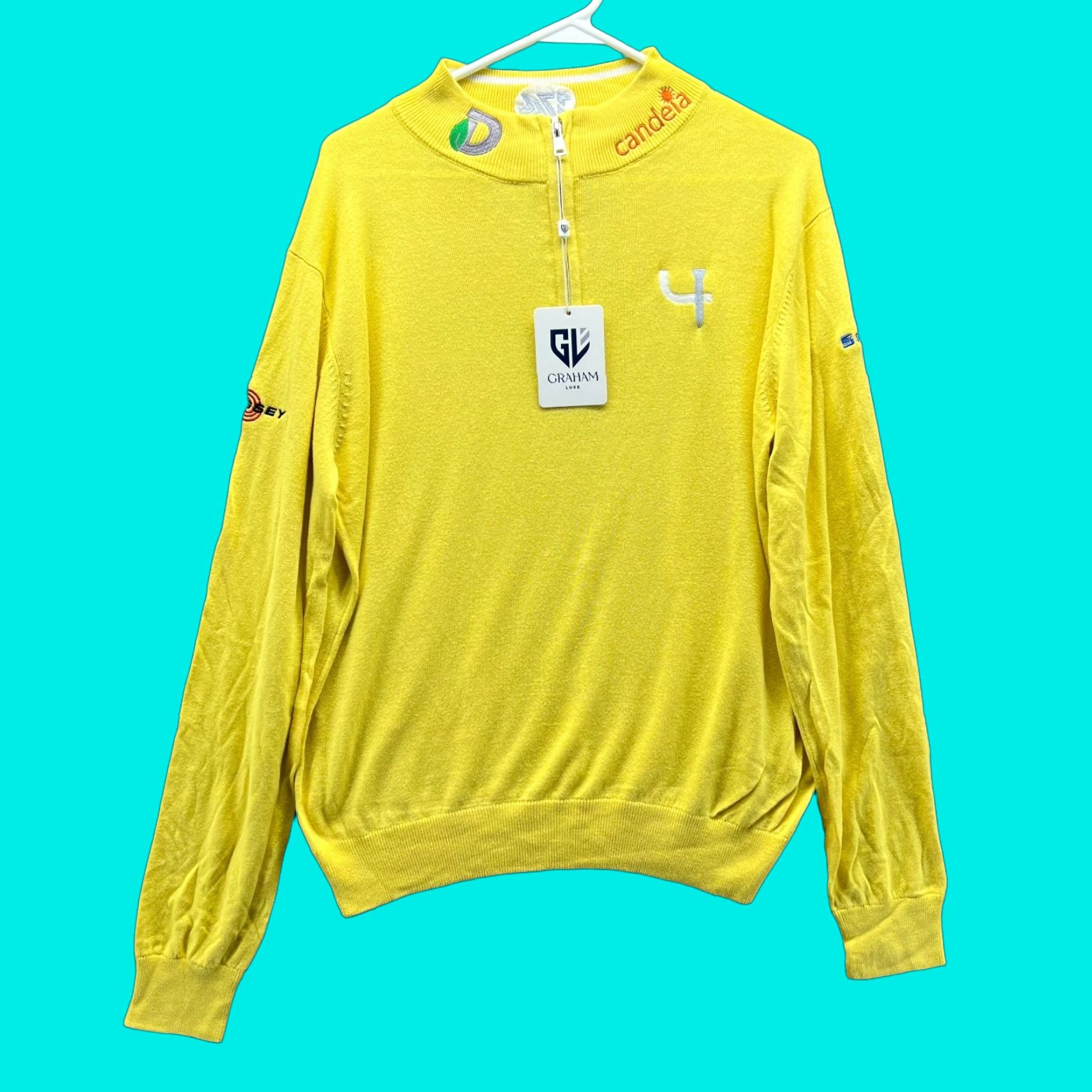 Vintage Graham Luxe Pullover Sweater Men M Yellow Embroidered Zipper Mock Neck Knit Cotton Long Sleeve Water: None Size US M / EU 48-50 / 2 - 1 Thumbnail