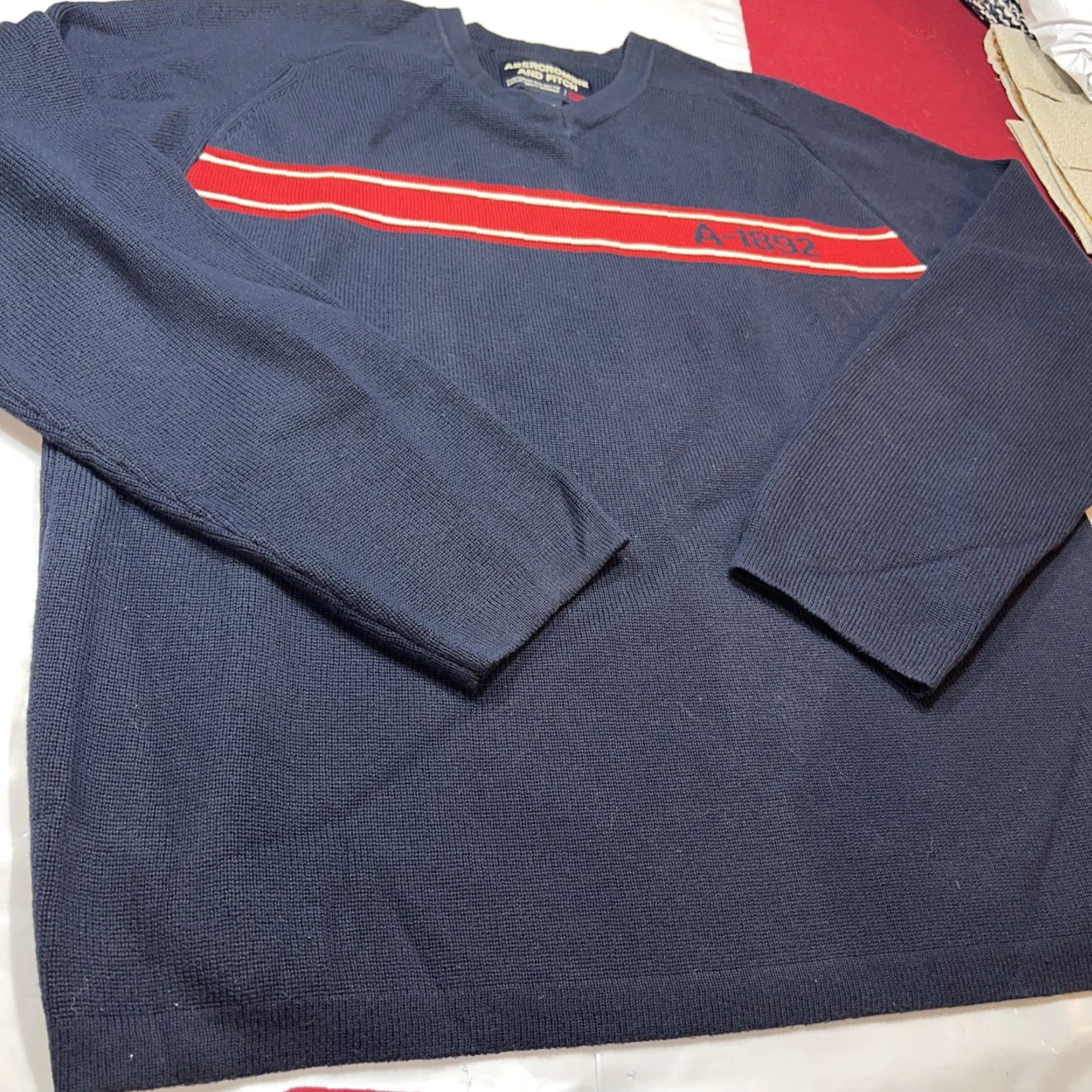 Abercrombie & Fitch VINTAGE Abercrombie & Fitch BLUE Sweater Red A-1892 STRIPE ACROSS chest Preppy Men XL Knit Pullover V-Neck 90s Size US XL / EU 56 / 4 - 7 Thumbnail