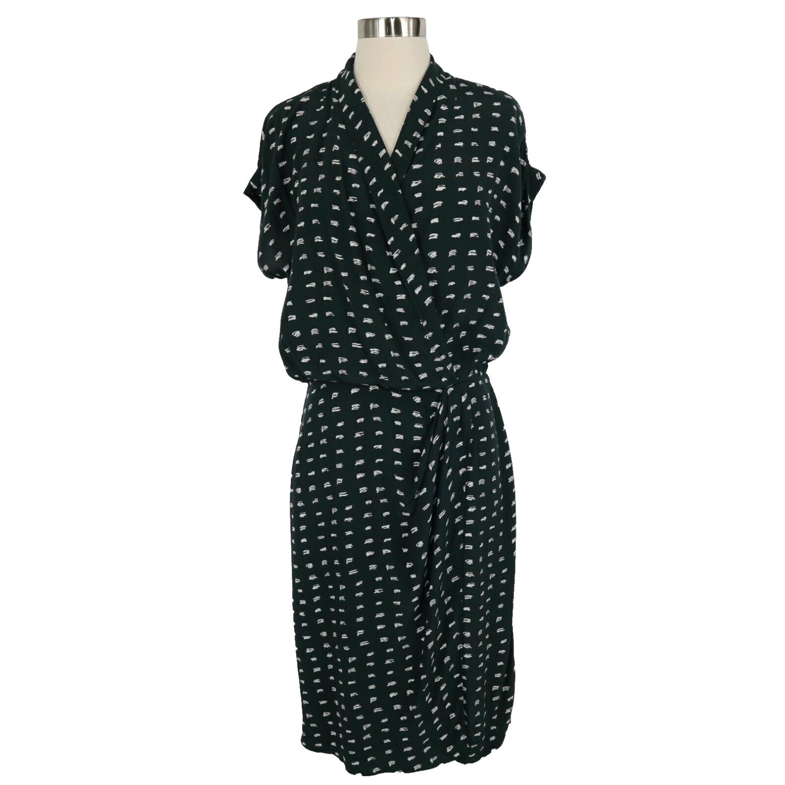 image of Vintage Mm.lafleur Faux Wrap Dress Jasmine Womens 2 Drape V-Neck Swipe Print Green Ivory in White (